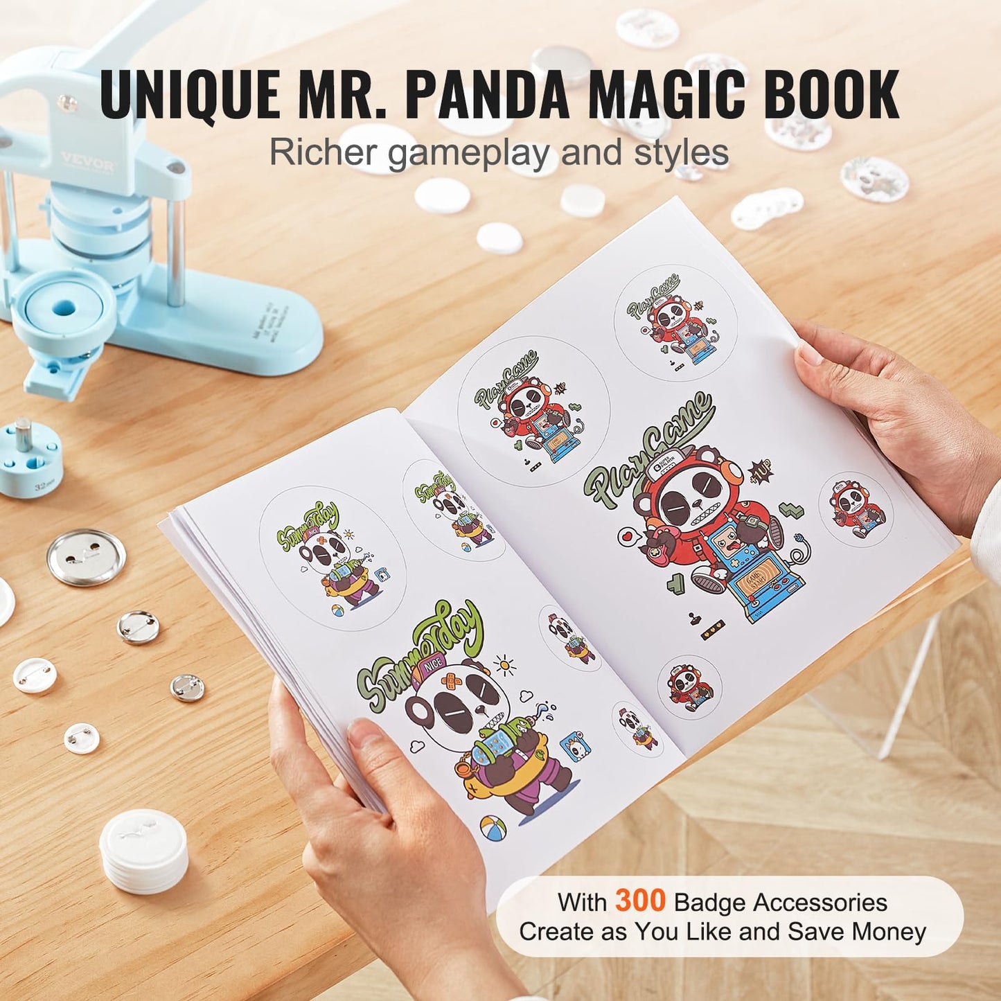 VEVOR Button Maker, 1/1.25/2.28 inch(25/32/58mm) 3-in-1 Pin Maker, 300pcs Button Parts, Ergonomic Arc Handle Punch Press Kit, Button Maker Machine with Panda Magic Book, for Children DIY Gifts, Blue