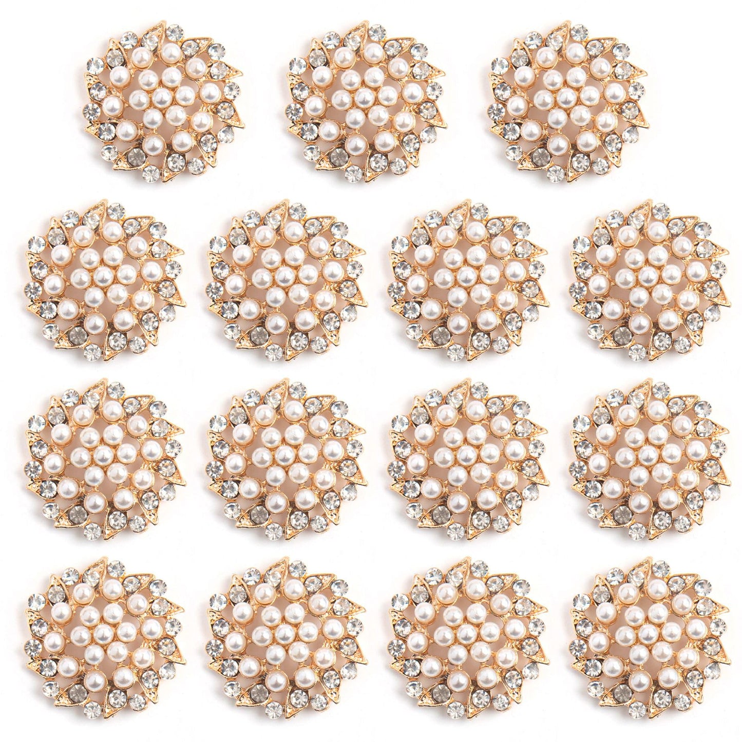 AUEAR, 15 Pack Gold Rhinestone Pearl Flower Buttons Flatback Crystal Embellishments for Jewelry Making Clothing DIY Craft