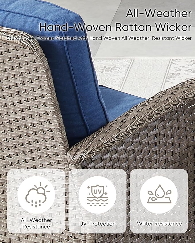 HUMMUH 7 Pieces Wicker Patio Conversation Set Outdoor Glider Loveseat with Patio Swivel Rocking Chairs Outdoor Patio Set for Deck Lawn Porch Balcony Poolside-Grey/Blue