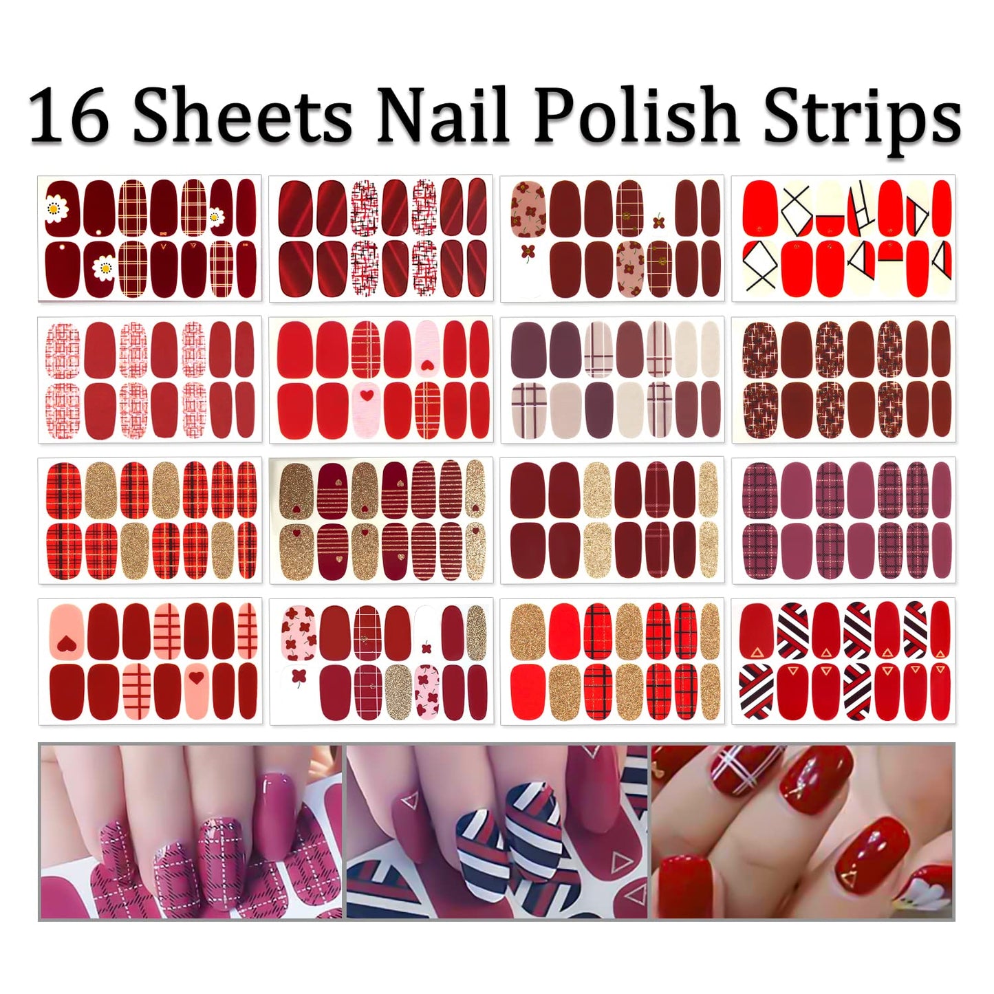 SILPECWEE 16 Sheets Red Plaid Nail Polish Strips Self Adhesive Nail Wraps Nail Polish Stickers for Women Nail Strips Real Nail Polish Manicure Kit with 1pc Nail File