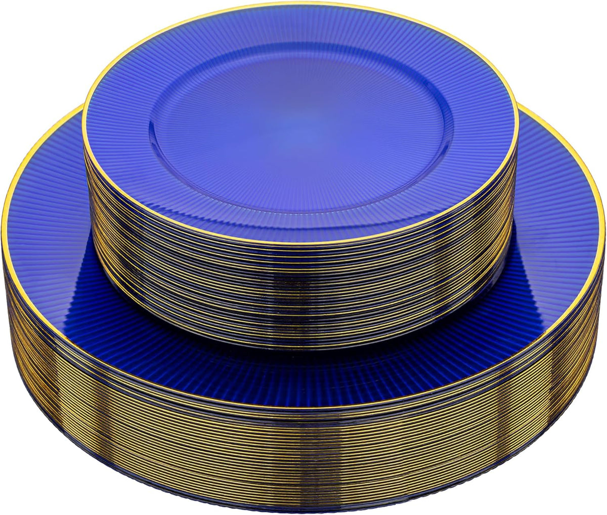 Hioasis 60pcs Blue Plastic Plates - Blue Gold Disposable Dinnerware Set, 30pcs Dinner 10.25in & 30pcs Dessert 7.5in Plates with Striped Designs for Party & Wedding