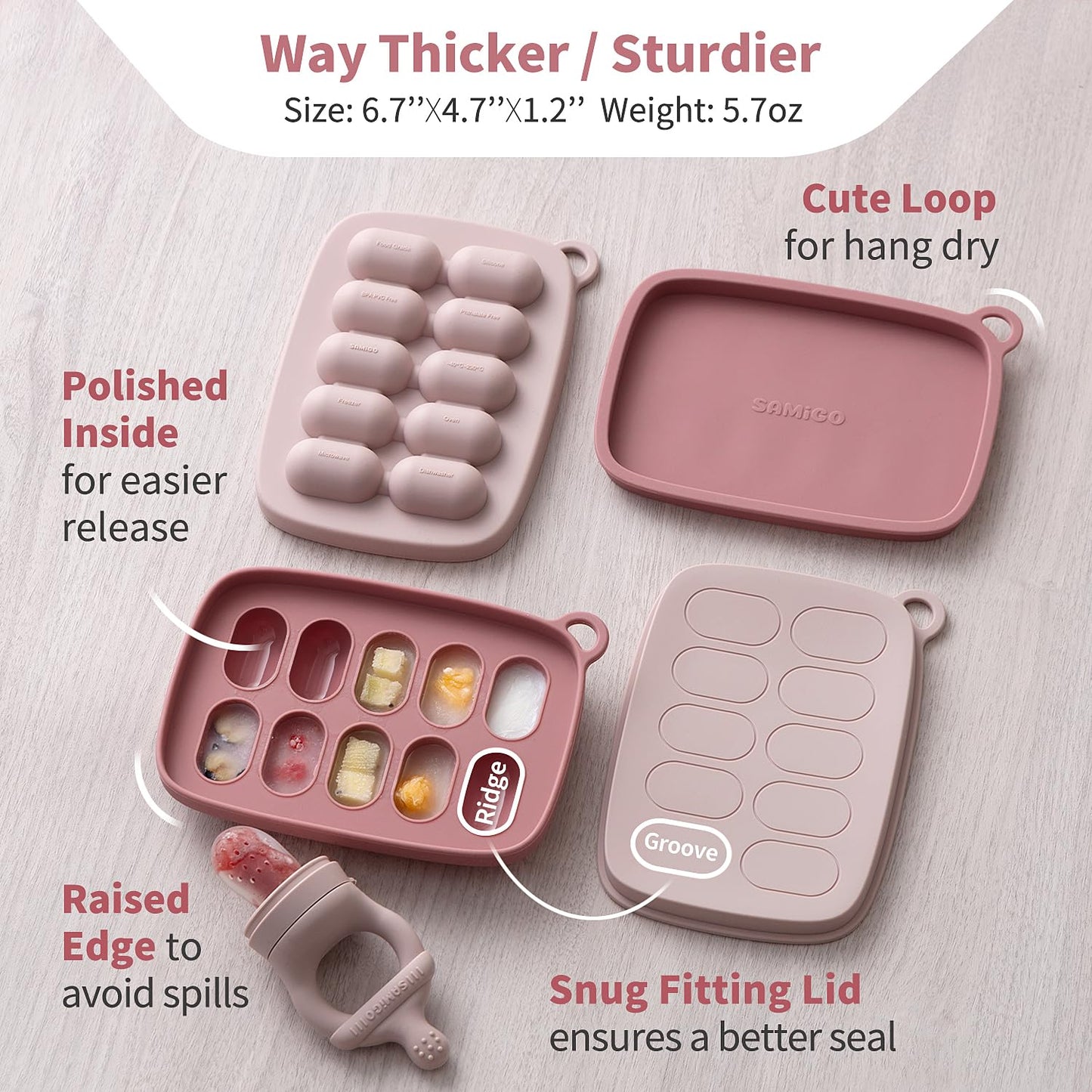 SAMiGO Baby Food Fruit Feeder and Breastmilk Popsicle Mold Set, Silicone Fruit Teether, Food Feeder Pacifier for Teething Relief, Freezer Tray, Baby Feeding Essentials, 4 Months+