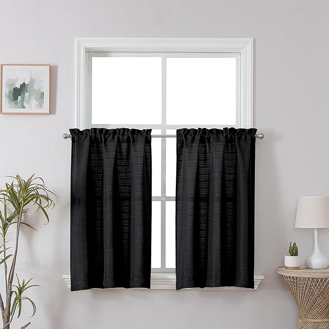 Chyhomenyc Black Faux Linen Textured Small Cafe Curtains, 30x30 Inch, Light Filtering Short Bathroom Curtains, 2PCS