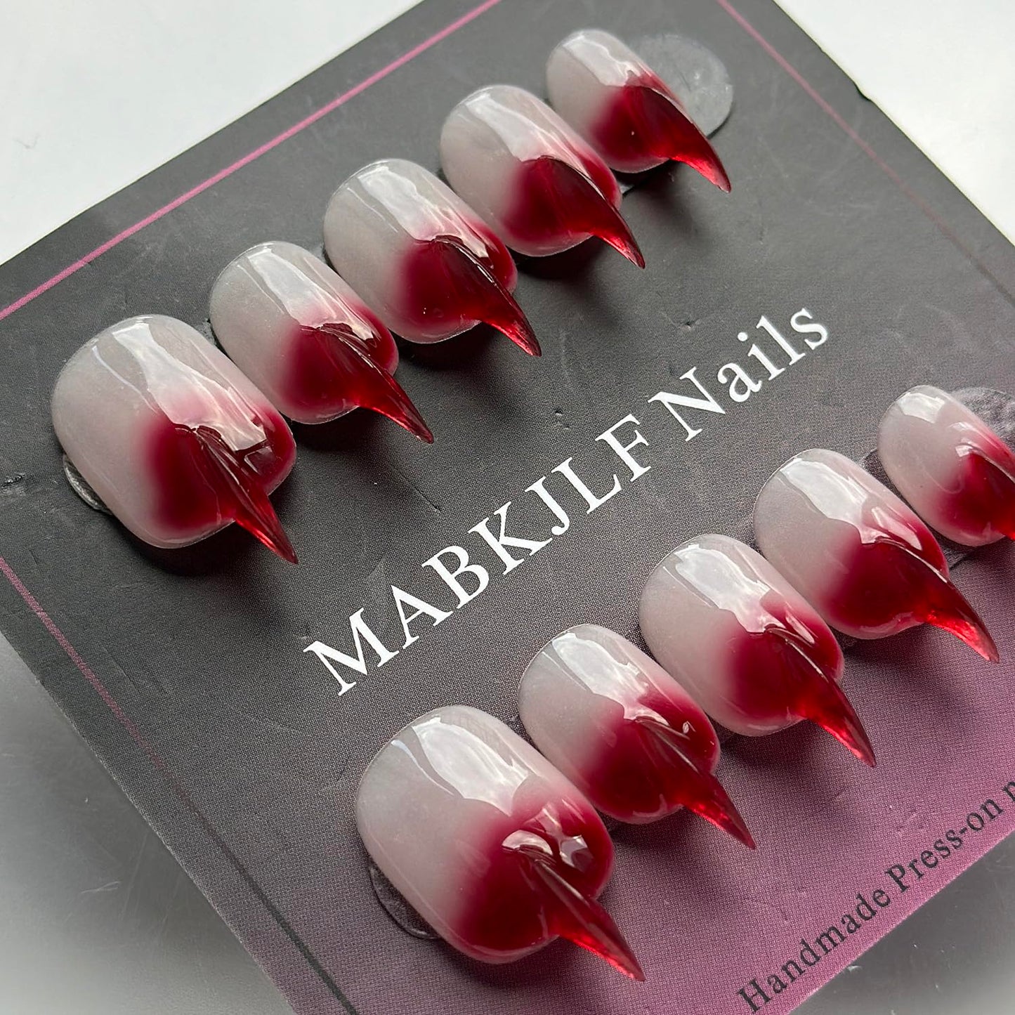 Halloween Press on Nails Luxury Short Stiletto Handmade Cat Claw Unique Reusable ABS Material Red Fake Nails Eagle Claw False Nails Gradient Glossy Glue on Nail Curved Thick Acrylic Nail(M)