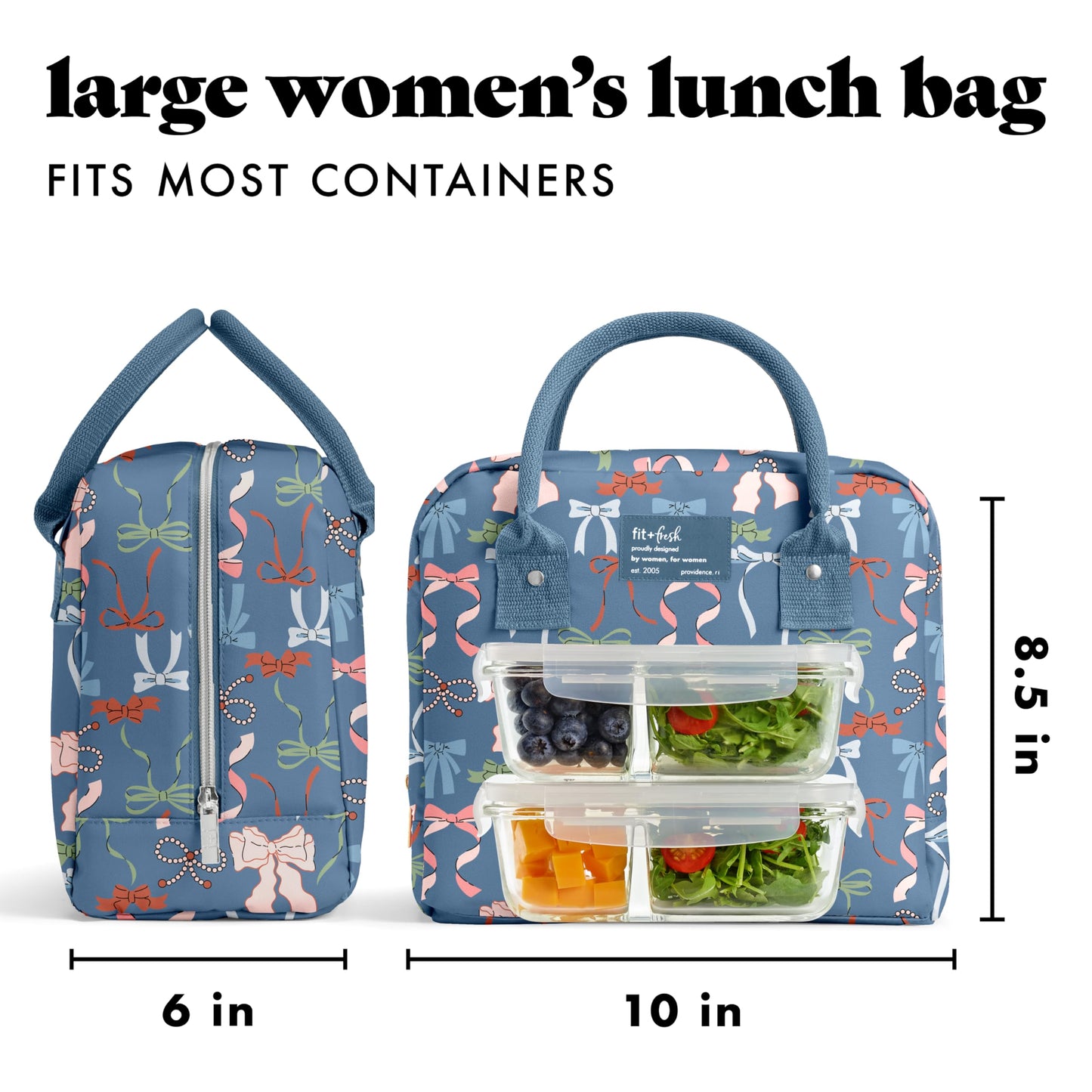 Fit & Fresh Bloomington Lunch Bag for Women - Insulated Large Lunch Box for Work with Containers, Leak-Resistant, Stain-Resistant, Zipper Closure, Denim Bows