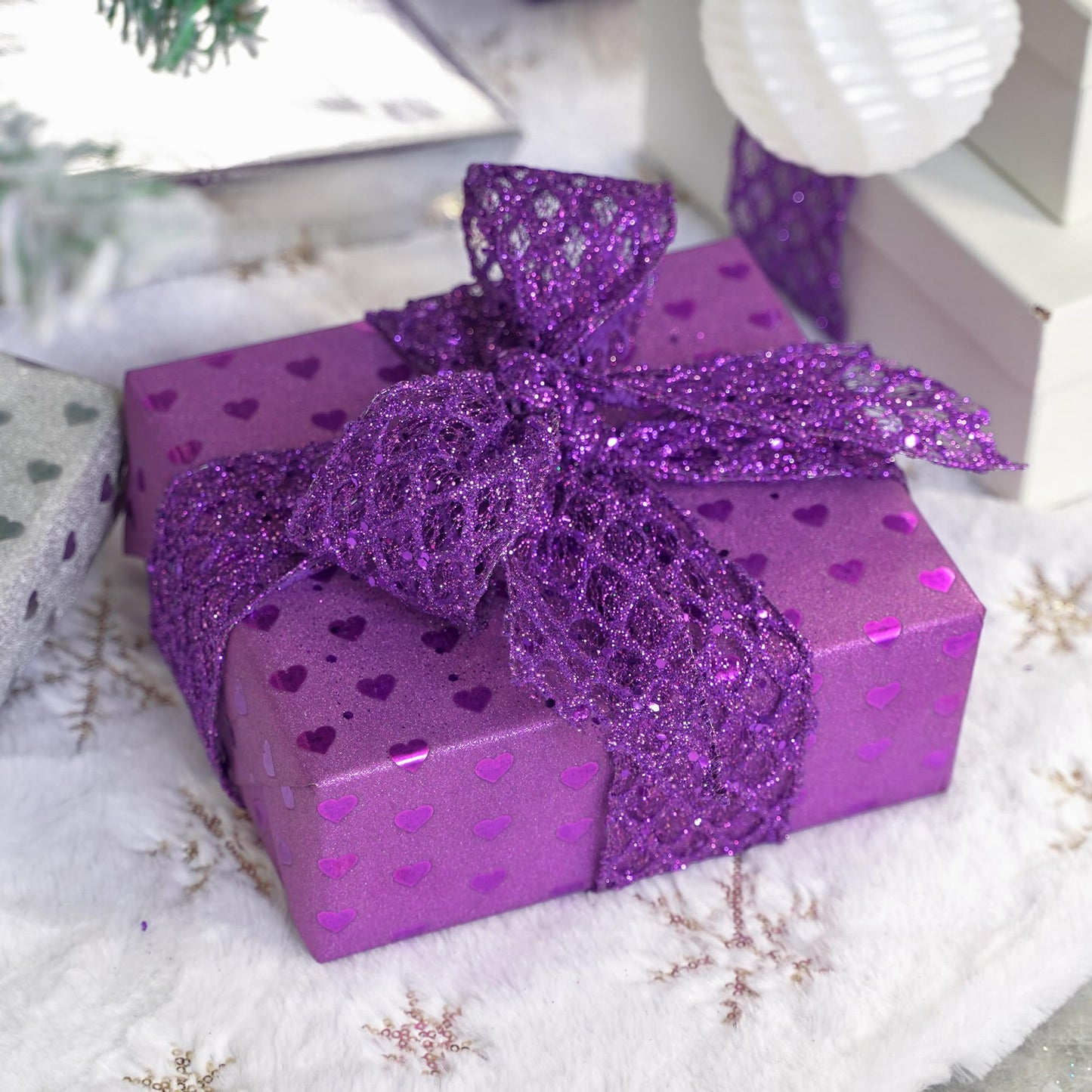 HUIHUANG Purple Wired Ribbon 2.5 inch Glitter Diamond Wire Edge Ribbon for Halloween Decor, Christmas Tree, Gift Wrapping, Bows Making, Wreath Supplies, Garlands, DIY Crafts -10 Yards