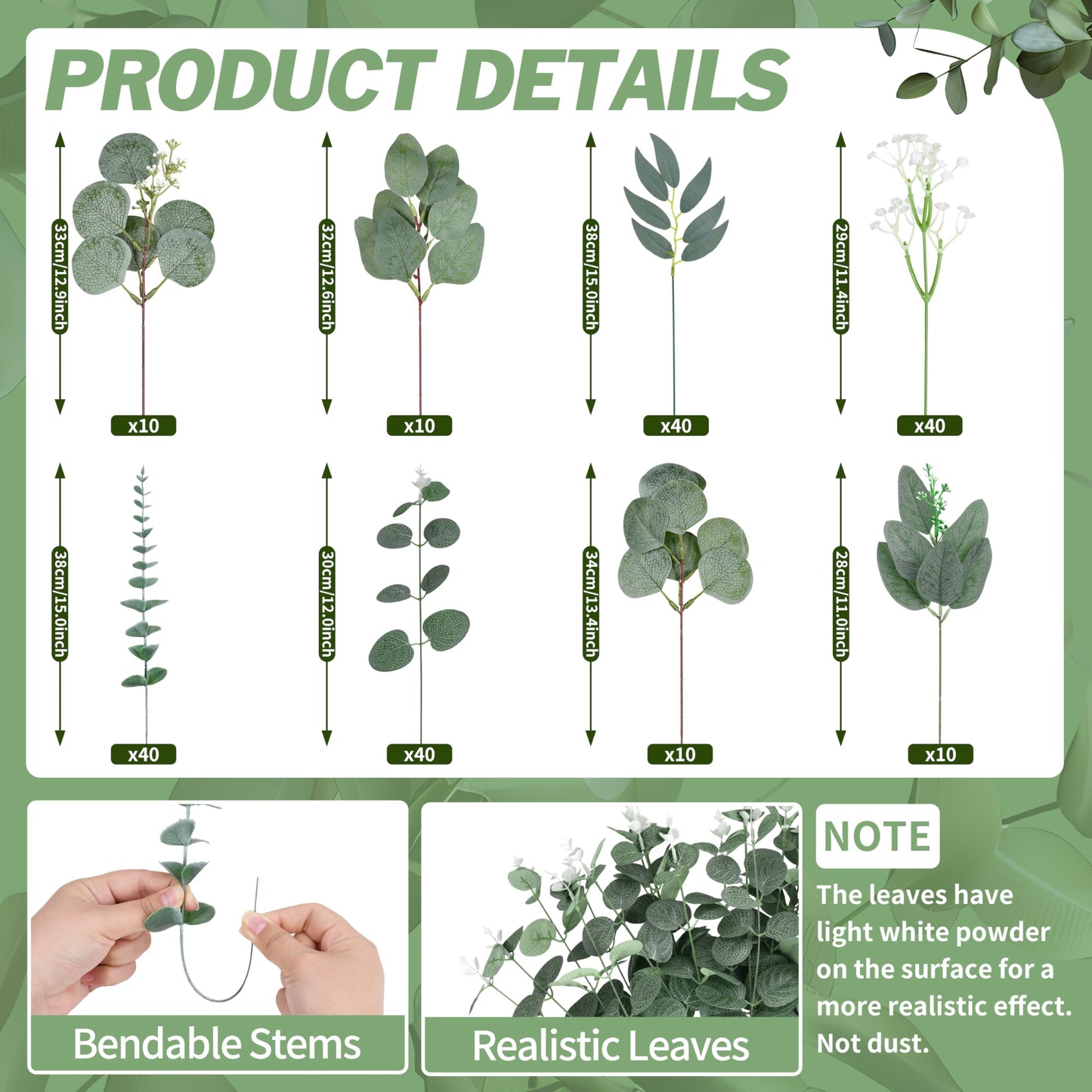 200 Pcs 8 Kinds Mixed Artificial Eucalyptus Stems Bulk Fake Silver Dollar Eucalyptus White Seeds Stems Bundle Faux Plants Greenery for DIY Bouquets Floral Arrangement Wedding Engagement Party Decor