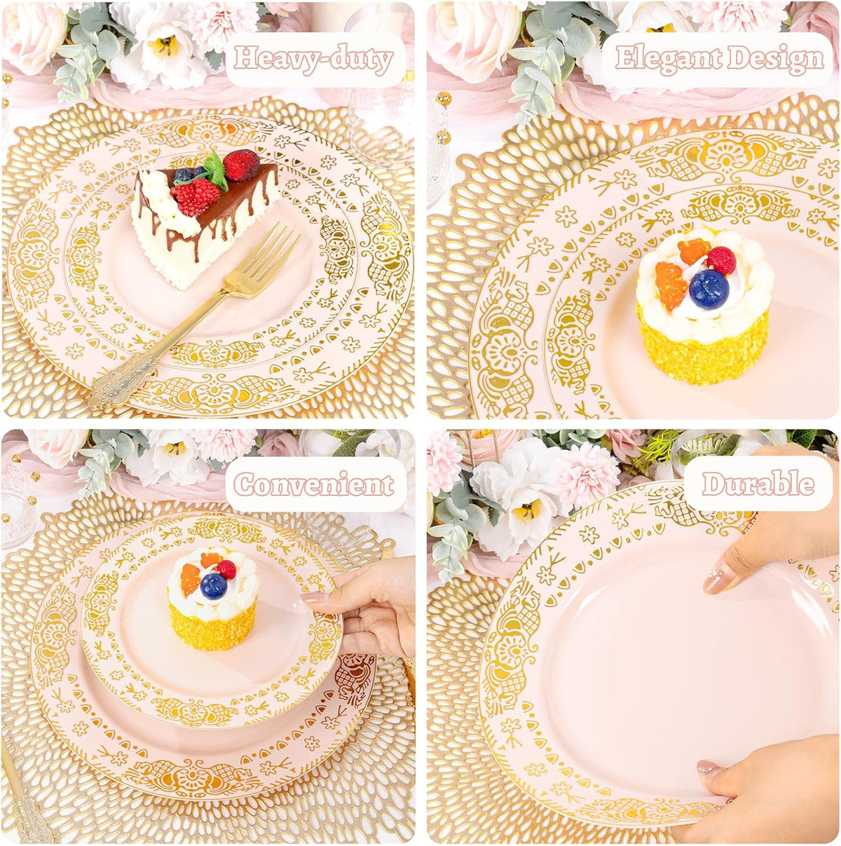 GATHER 350PCS Pink and Gold Plastic Plates - Gold Disposable Dinnerware Set Include 50 Dinner Plates, 50 Dessert Plates, 150 Plastic Silverware, 50 Napkins, 50 Cups for Party & Wedding