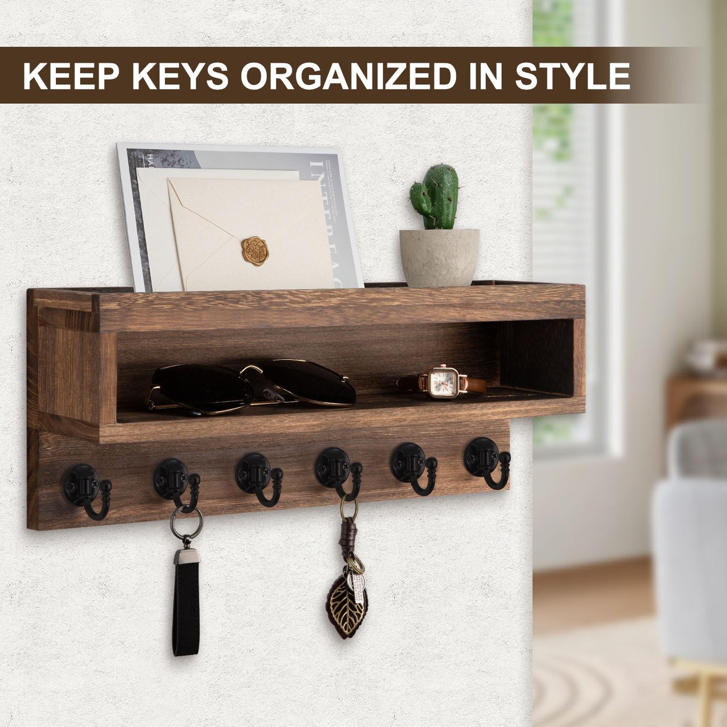 Lucundm Key and Mail Holder Wall Mount, Key Hanger with Long Storage Box and 6 Hooks for Coat, Dog Leash, Home Decor Rack, House Accessories, Entry Way Organizer (Brown)
