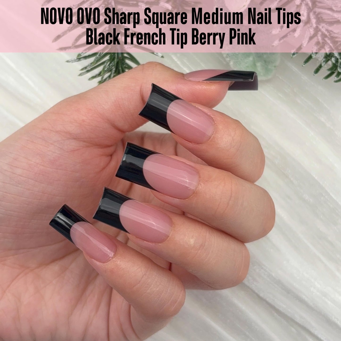 NOVO OVO Medium Sharp Square Black French Tip Nail Tips Press on BERRY PINK, Extra Thick NEED Builder Glue Gel & Top Coat, Soft Gel Full Cover False Fake Nail Extension for Salon DIY x 15 Sizes 180 pc
