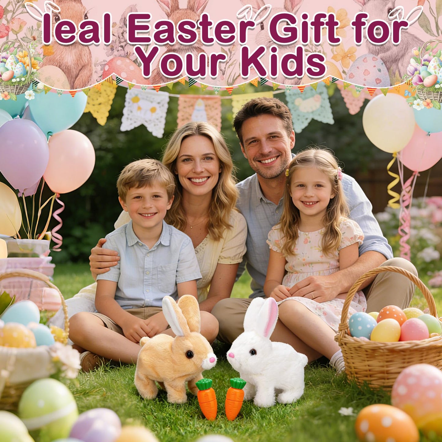 Realistic Bunny Toy, Easter Educational Interactive Bunny Toy, Plush Bunny Hopping Rabbit with Sounds and Movements, Twitching Mouth and Nose, and Wiggling Ears (White)