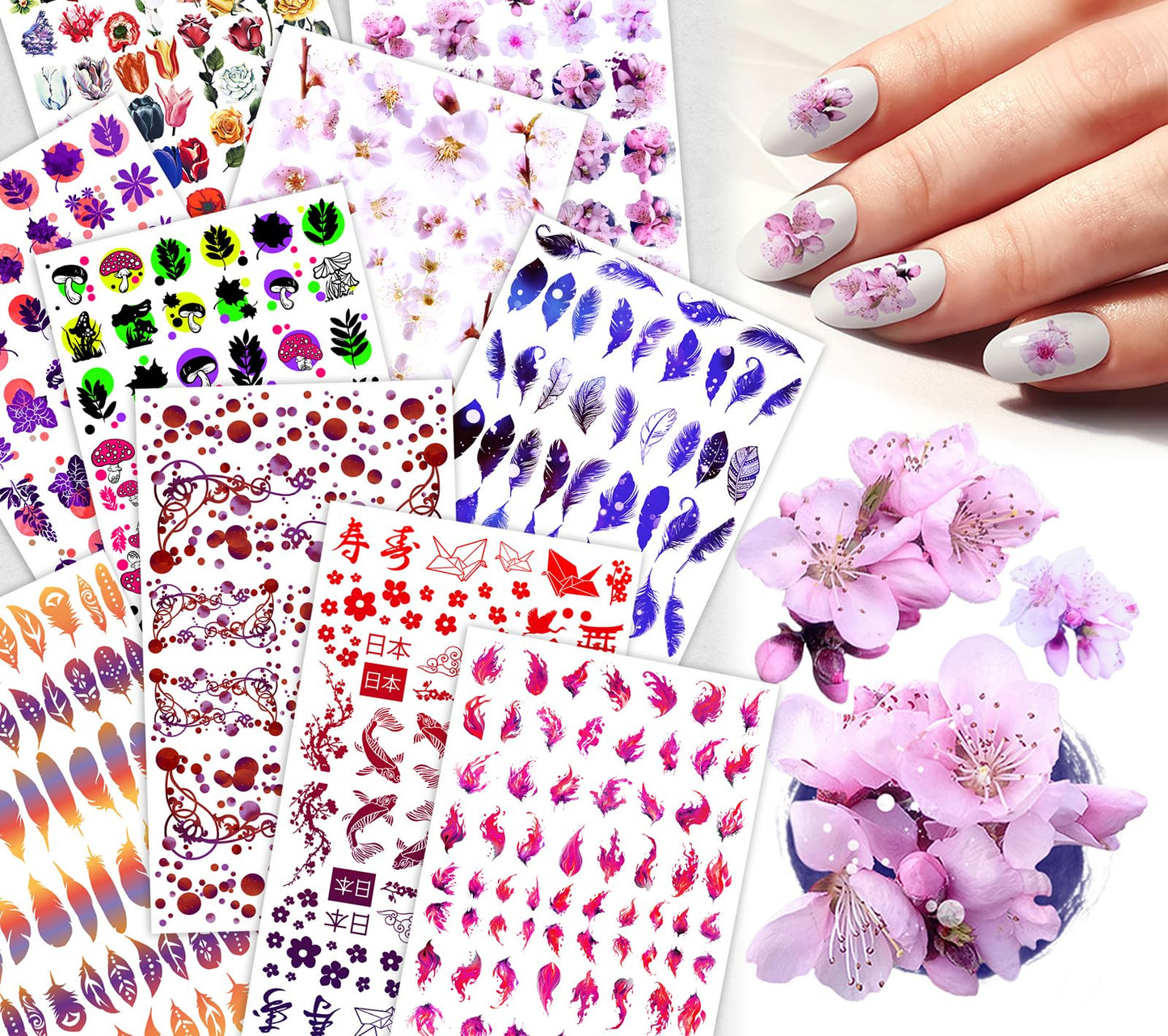 Nail Decals [10 Sheets] Cherry Blossom Nail Stickers Set Soft Pink Sakura Feathers Florals Japanese Inspired Motifs Delicate Details Creating Graceful Feminine Manicure Styles Dreamy Nail Looks