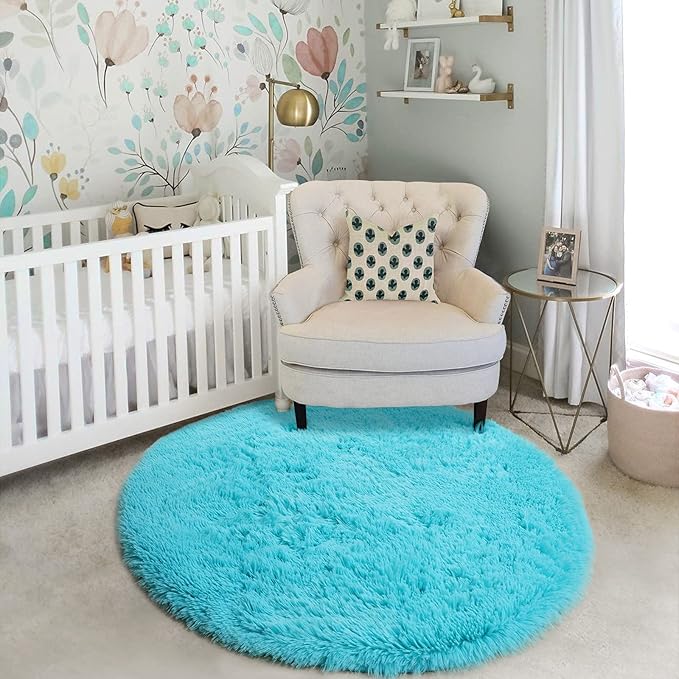 Amdrebio Blue Round Circle Rugs 6Ft for Kids Bedroom, Large Soft Fluffy Area Rug for Teen Girls Boys, Play Room Decor Aesthetic, Plush Shaggy Fuzzy Baby Carpet for Living Room Nursery Classroom Dorm