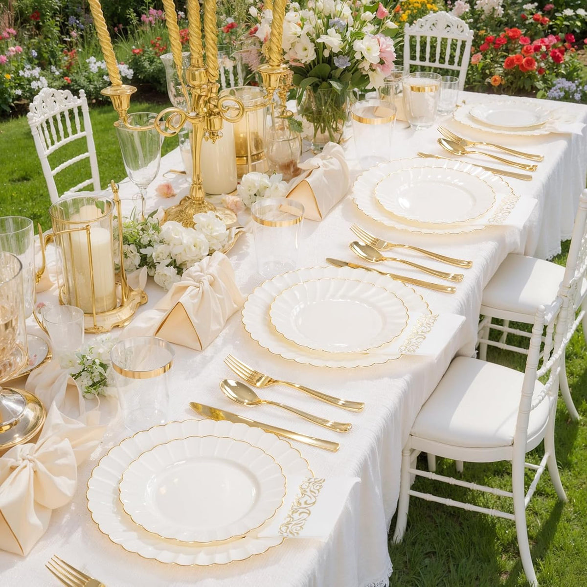 YOUBET 175PCS Ivory Scalloped Plastic Plates - Gold Disposable Dinnerware Set Include 50 Plates, 75 Gold Silverware, 25 Cups, 25 Napkins for Party & Wedding & Thanksgiving