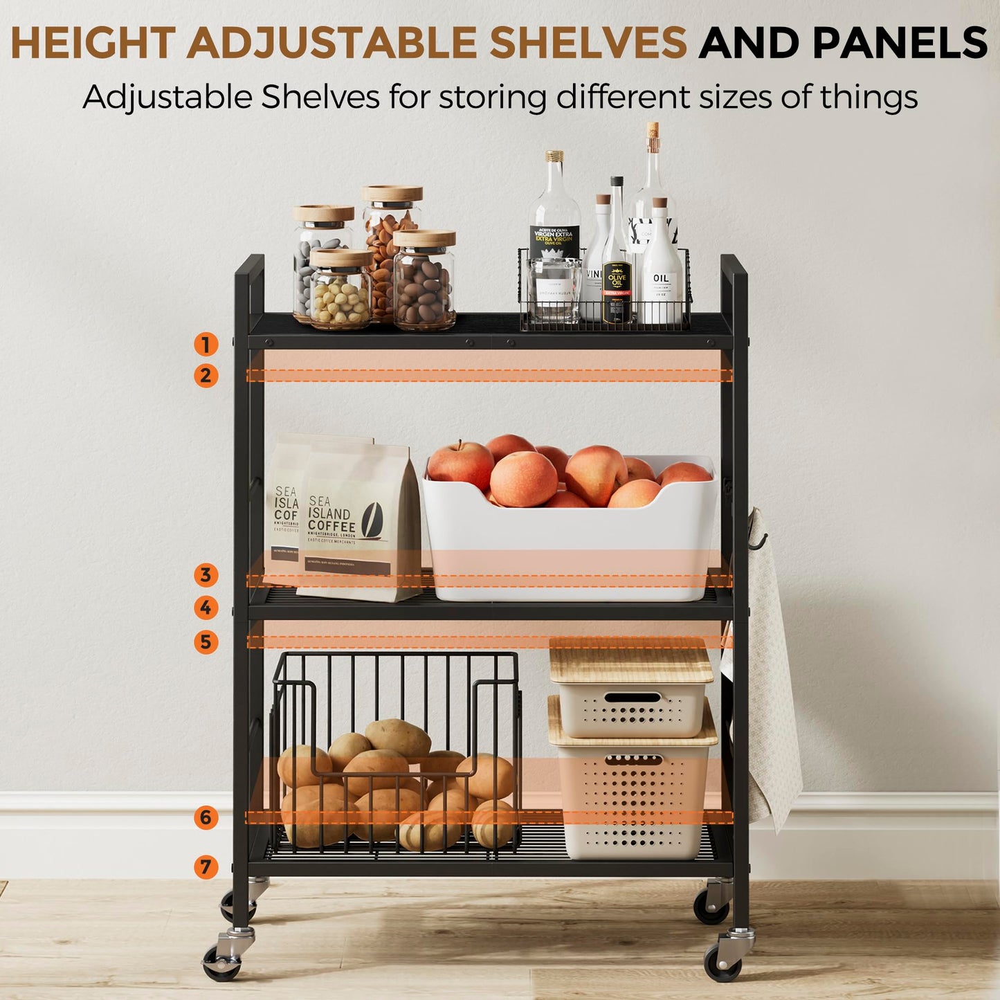XIVIRACK 3-Tier Metal Storage Rack with Industrial Wheels,Mesh Shelving Unit with Wooden Table top,Adjustable Shelf,23.6-Inch Width,15.8-Inch Depth, for Kitchen, Laundry,Pantry,Plant,Black panel
