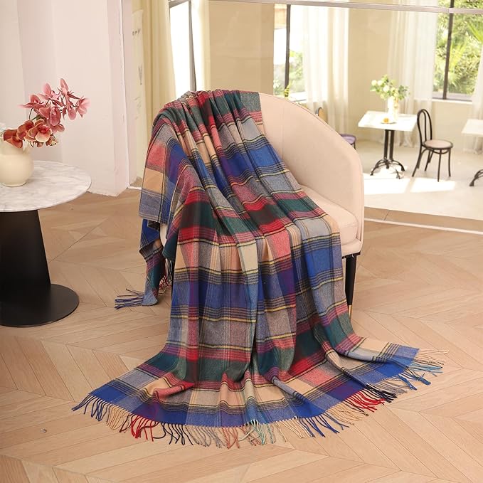 Throw Blanket Plaid with Carry Bag | Soft Wool Travel Blanket 55"x83" 1.5lbs | Navy Red Plaid Decorative Throw for Couch, Camping & Gift