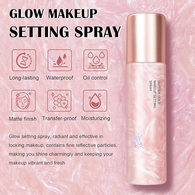 Glow Makeup Setting Spray, Shimmer Dewy Hydrating Setting Spray for Makeup Glowing Long-Lasting Radiant Finish, Lightweight Formula, All-Day Wear, 4 Fl Oz