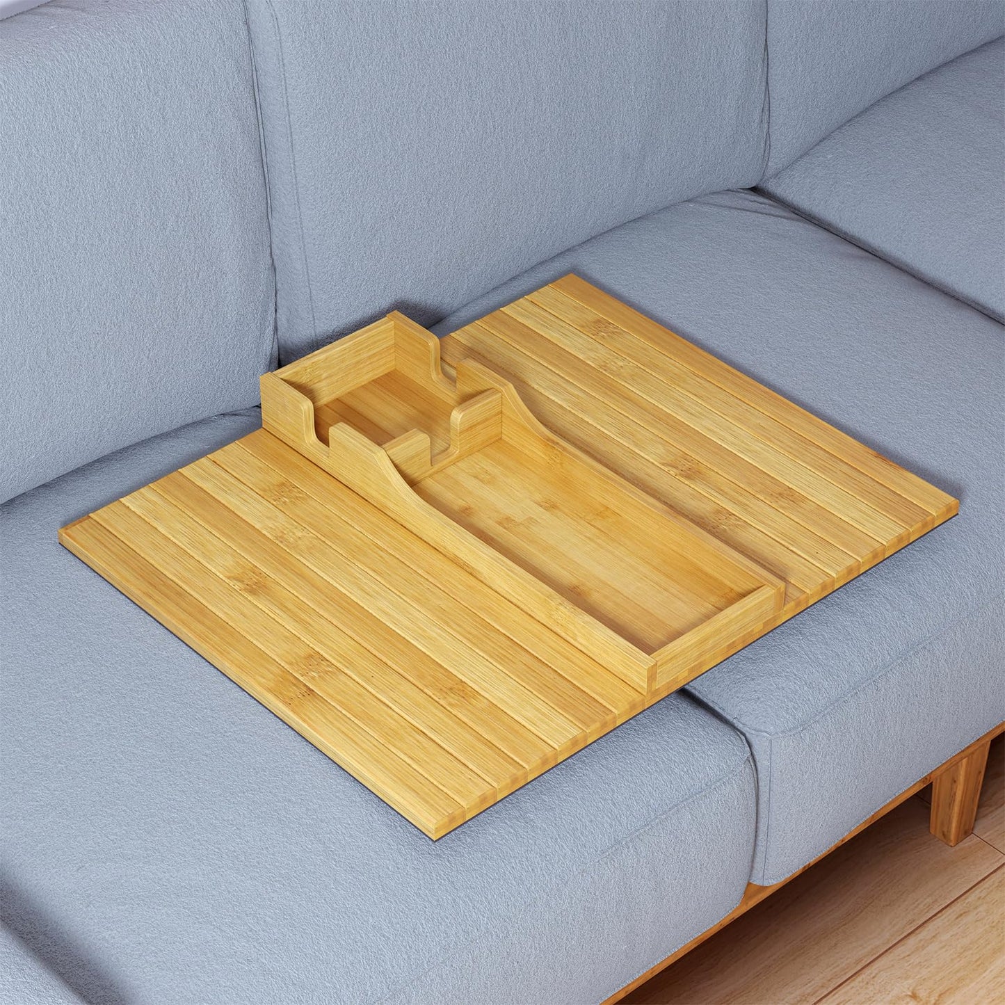 SpaceAid Bamboo Couch Cup Holder, Anti Falling Foldable Sofa Armrest Tray with Cup Holder, Couch Arm Side Table Organizer for Drink Cup Remote Snacks (Natural)
