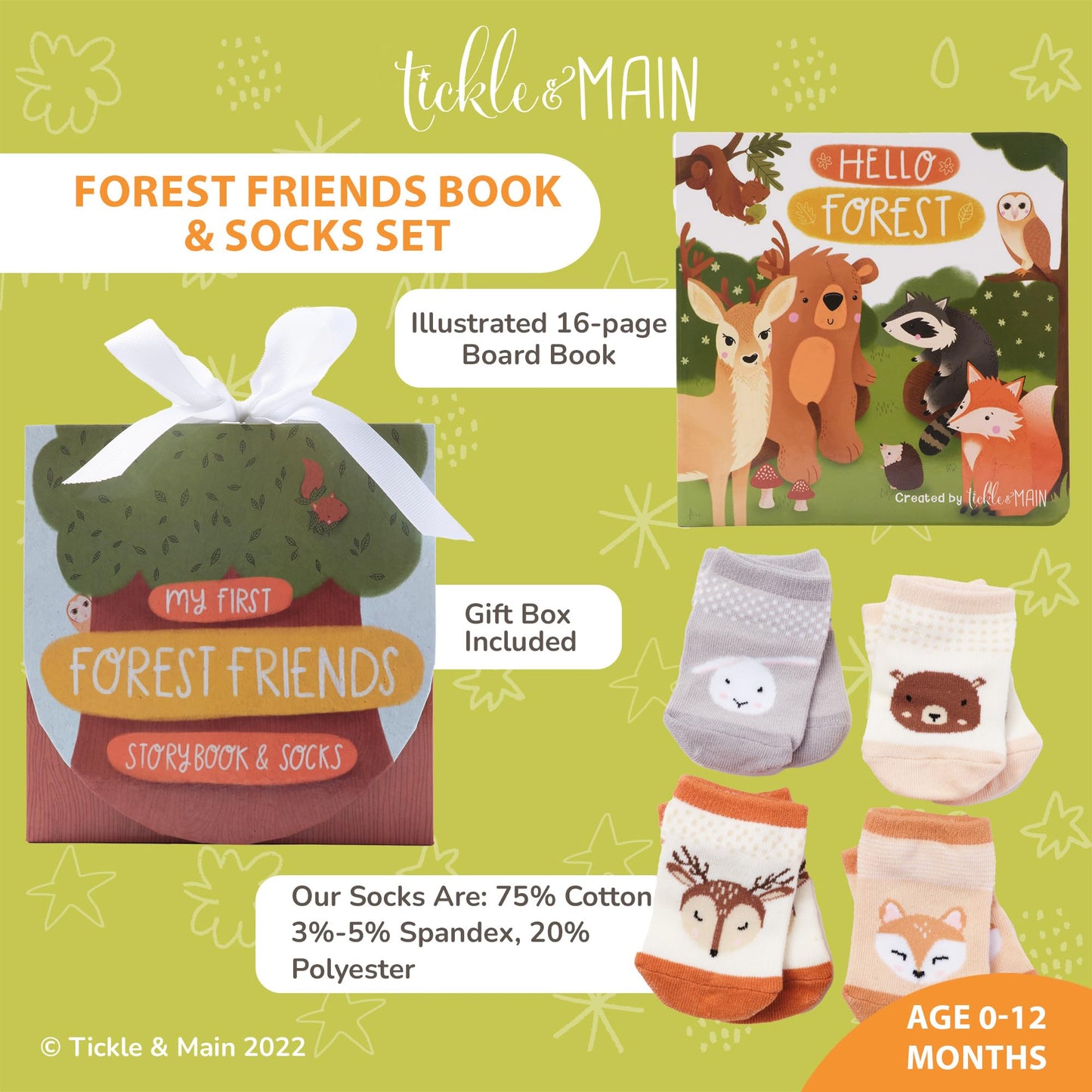 Tickle & Main Registry Gift Set - 5 Pieces, Forest Friends, 0-12 Months - Baby Socks Newborn & Hello Forest Board Book - Newborn Set, Gender Neutral
