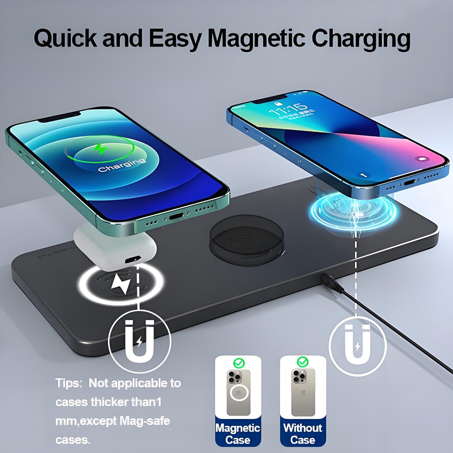Magnetic Wireless Charger Pad - 3 in 1 Fast Mag-Safe Charging Station for iPhone 17/16/15/14/13/12 Series, AirPods 4/3/2 Pro, 15W Wireless Charging Mat/Pad for Apple Multiple Devices(with Adapter)