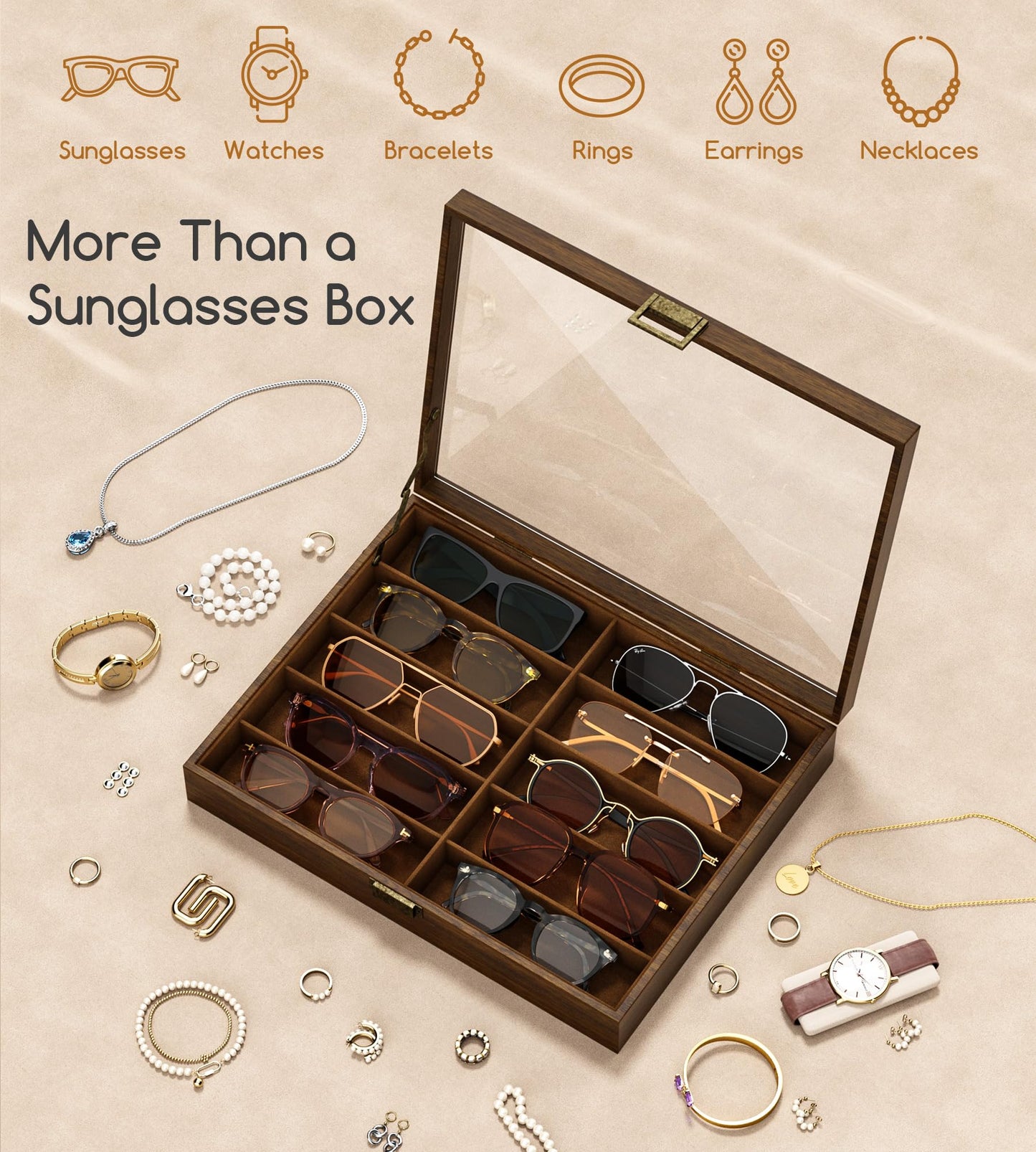 NEWLOOP Sunglass Organizer for Women Men - Multiple Pair of Sunglasses Storage Box Eye Glass Watch Display Case with 10 Slots Wooden