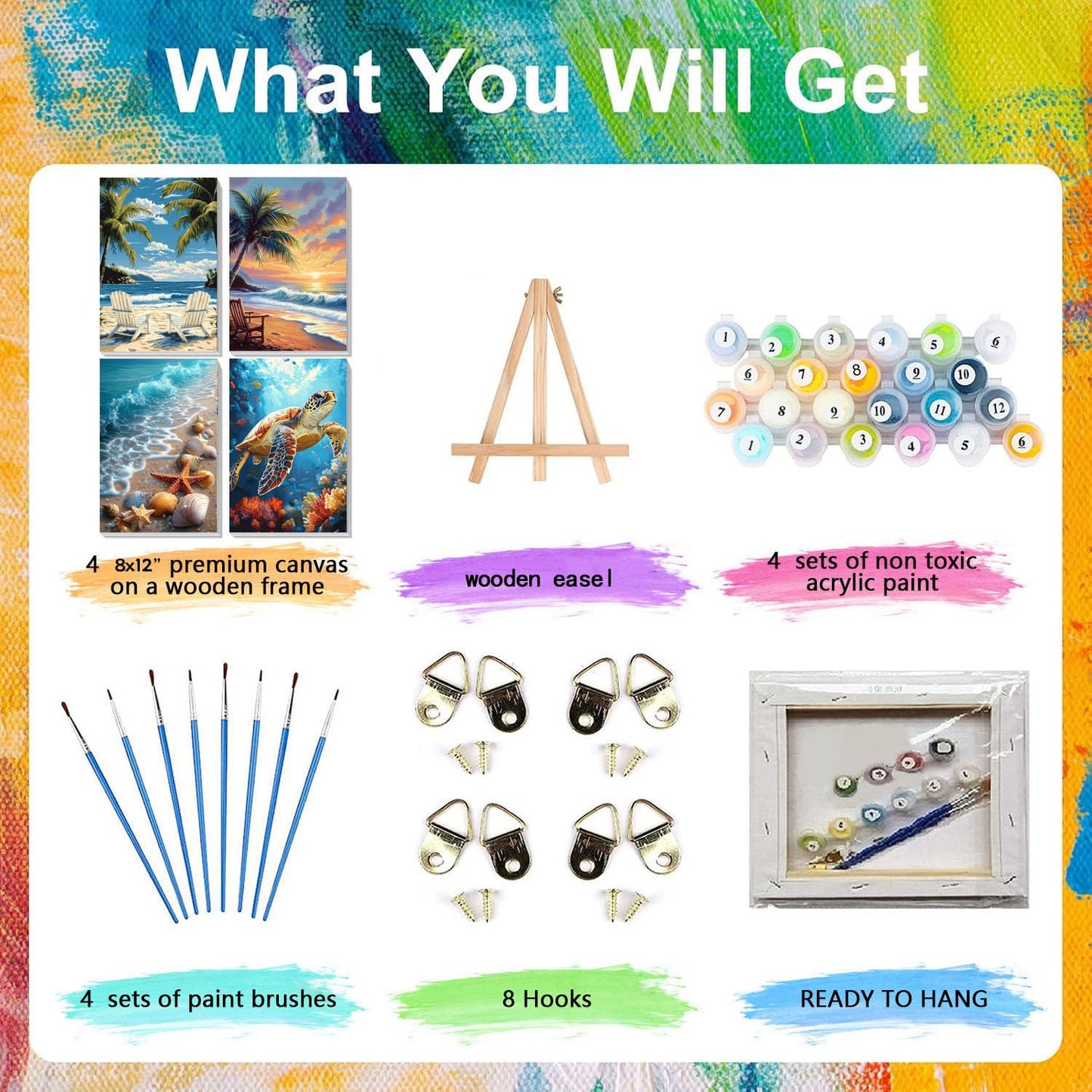 4 Pack Paint by Numbers for Adults with Framed Canvas - with Wooden Easel, Beach Paint by Number on Canvas, DIY Sea Turtle Acrylic Oil Painting Kits with Brushes for Home Wall Decor (8x12 inch)