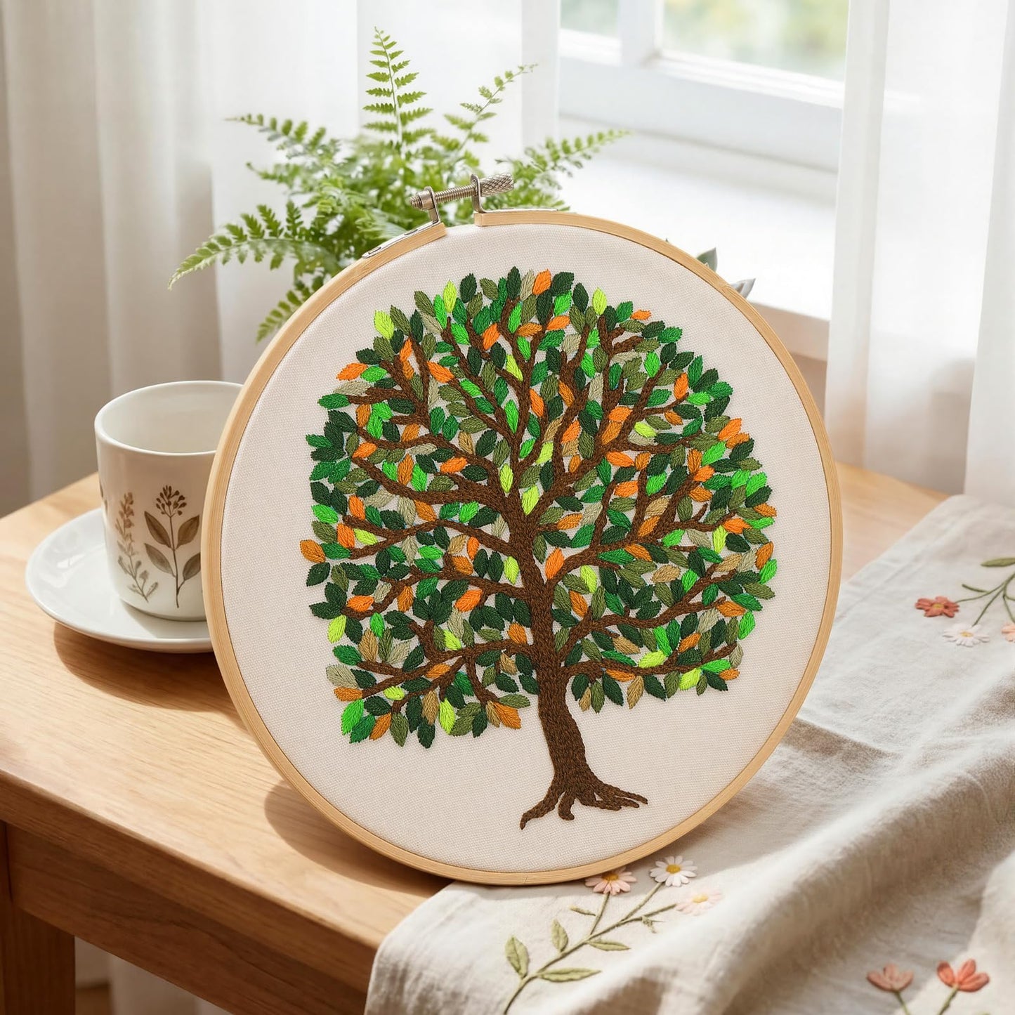 Norme Leaves Embroidery Kit for Beginners Adults 365 Leaves Tree Pre Stamped Pattern Cross Stitch Kits with 7.8 Inch Embroidery Hoop, Threads, Needles, Tools and Stitch Guide for DIY Craft Gift