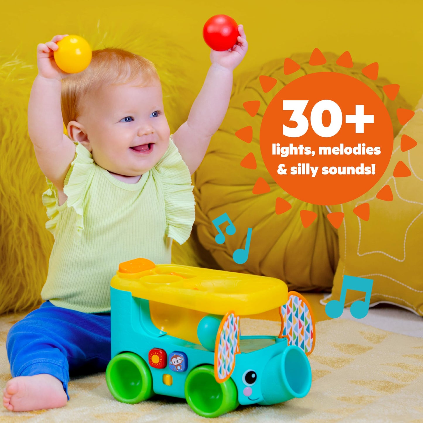 Bright Starts Pop & Roll Safari Bus Ball Play Toy, Elephant Popper and Launcher, Baby Crawling Toy, Unisex, Ages 6 Months+