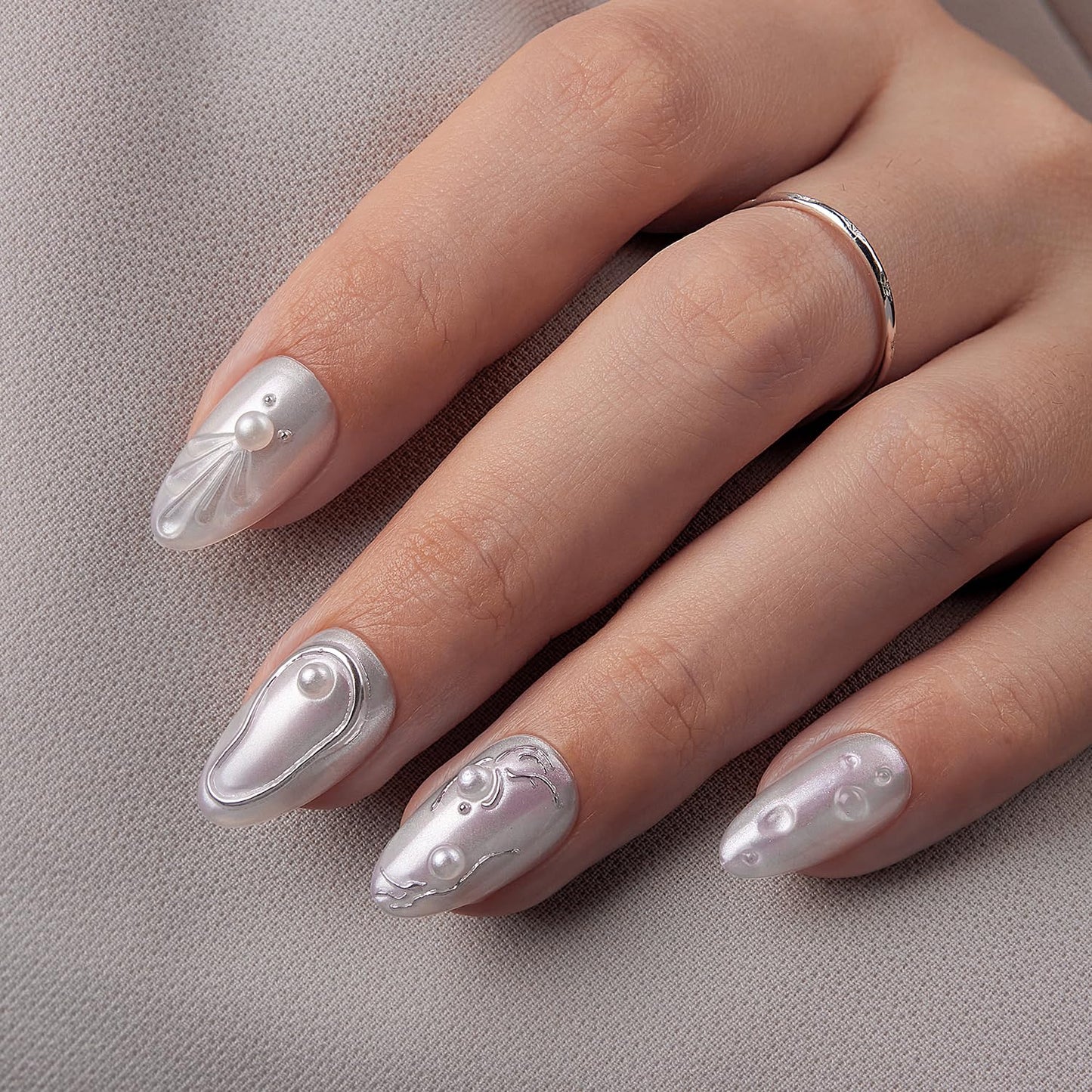 VSALON Press-On Nails Short Almond - Pearl White 3D Metallic Fake Nails for Women, 32 Main Nails in 16 Sizes &10 Champagne Alternative Nails - 42 PCS Reusable Glue on Nails Set with Tool Kit