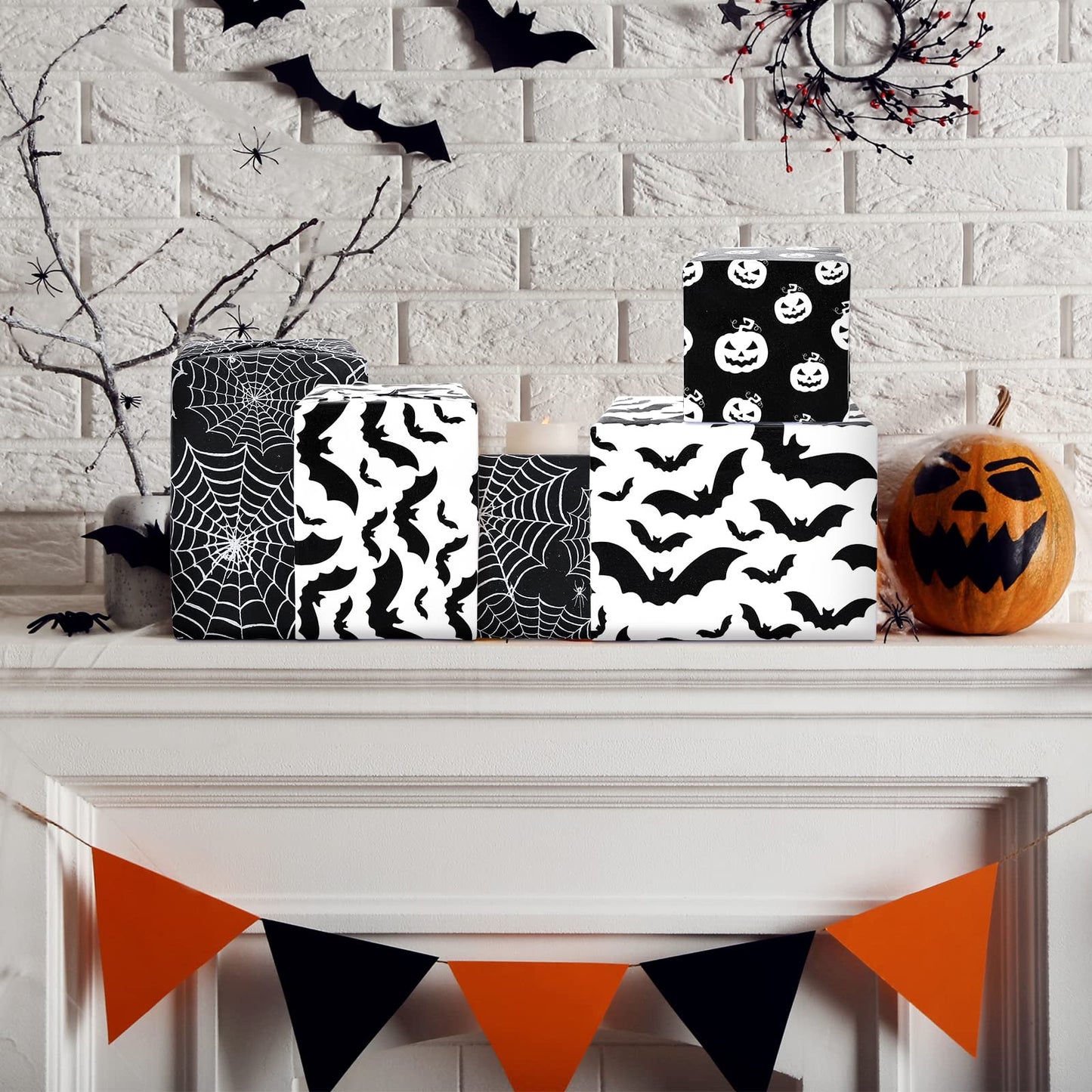 Whaline 120 Sheet Halloween Tissue Paper Black and White Wrap Tissue Paper with Cobweb Bat Pumpkin Pattern Gift Wrapping Paper for Fall Halloween Party Gift Packing DIY Craft, 13.8 x 19.7 Inch