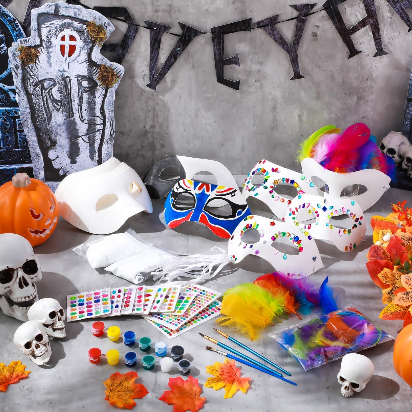 Leyndo 24 Pack Paper Mache Mask White Craft Masquerade Mask with Gem Sticker and Feather DIY Blank Mardi Gras Cosplay(24 Pack,Half Face)