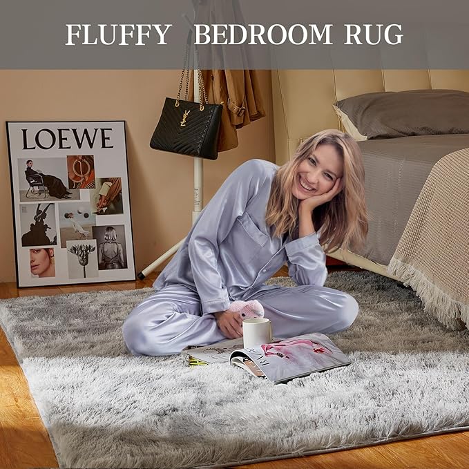 Ultra Soft Indoor Modern Area Rugs, 5x7 Tie-Dyed Light Grey Large Area Rugs for Living Room, Fluffy Shag Fuzzy Soft Carpet for Bedroom, Kids Home Decor Aesthetic, Nursery, Upgrade Anti-Skid