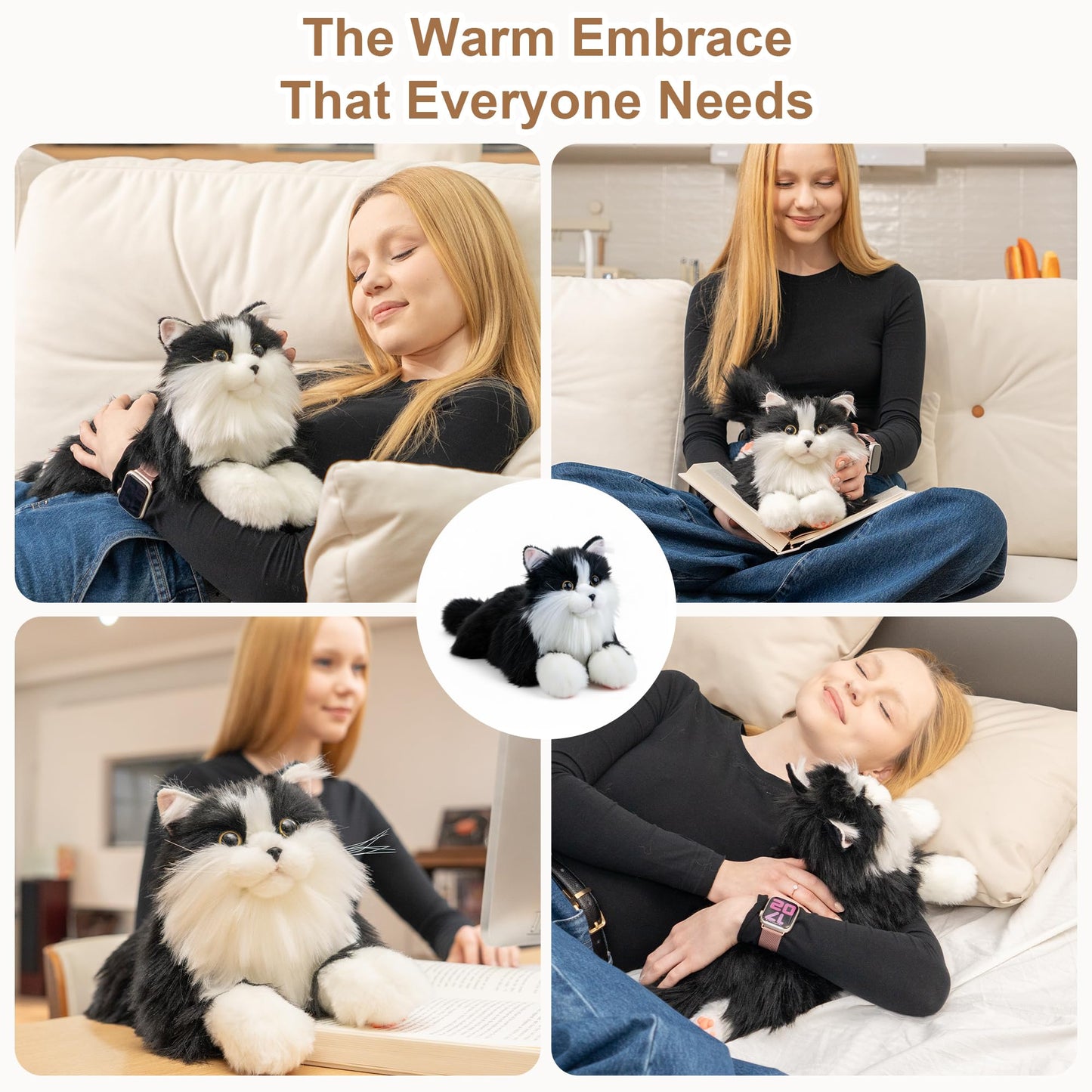 Chongker Microwavable & Weighted Stuffed Animals, 2 lbs Heated Stuffed Animal Cat Plushie with Removable Unscented Heating Pad for Belly Neck Shoulders, Plush Toys for Adults Children (White+Black)