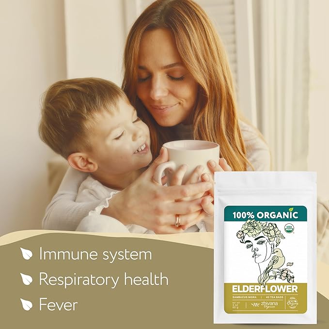 Organic Elderflower Tea (40 Tea Bags) - Elder Flowers Tea for Respiratory Health, Immunity - Herbal TeaBags for Cold Weather Days - Seasonal Blend - Te de Flor de Sauco