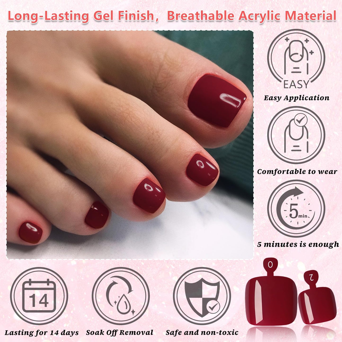 EternalClassic 144pc Press on Toenails for Women Toe Nail Press ons Short Square with Glue&Jelly Glue, Deep Red Toe Nails Glue on Toe Nails, Full Cover Acrylic Artificial Toe Press on Nails