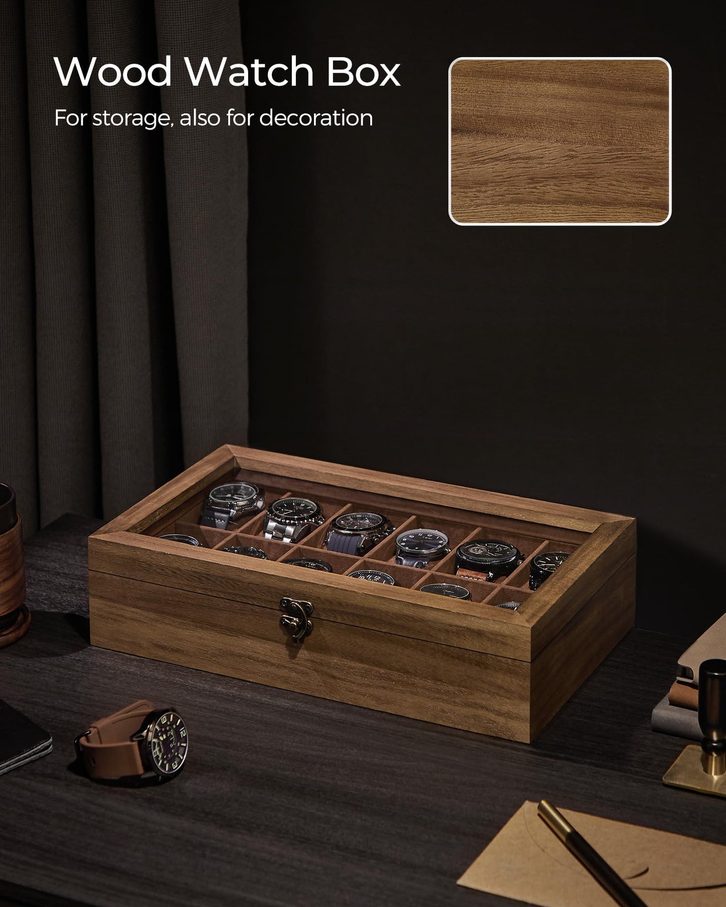 SONGMICS 12-Slot Watch Box, Watch Display Case with Large Glass Lid, Removable Watch Pillows, Velvet Lining, Gift Idea, Rustic Walnut UJOW120K01