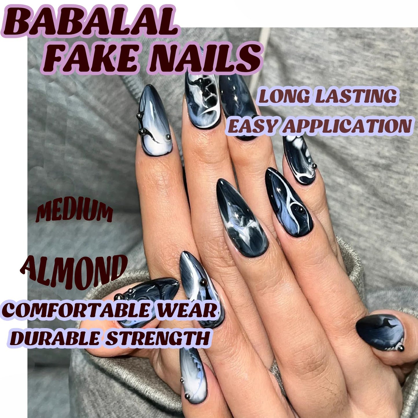 BABALAL Medium Almond Press on Nails - Black Gothic Acrylic Nails with Design, 24Pcs Full Cover Glue on Nails for Women and Girls