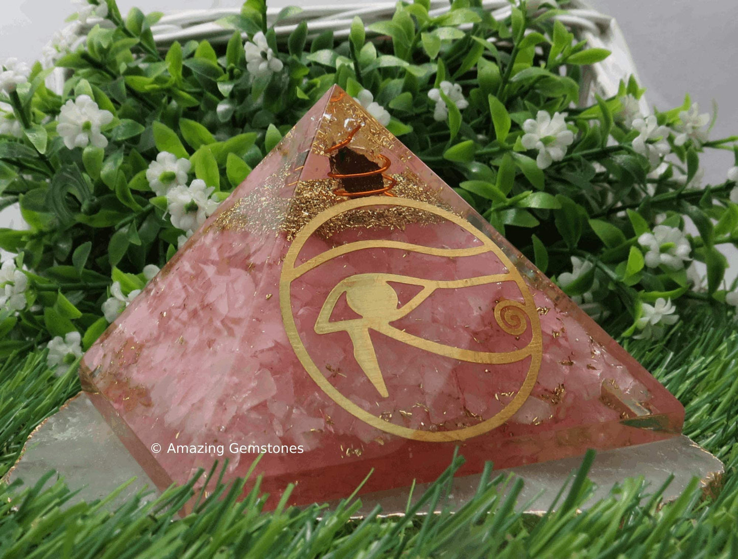 Amazing Gemstone Large Rose Quartz Orgone Pyramid Crystal, Eye of Horus Orgonite Pyramid - Positive Energy Healing