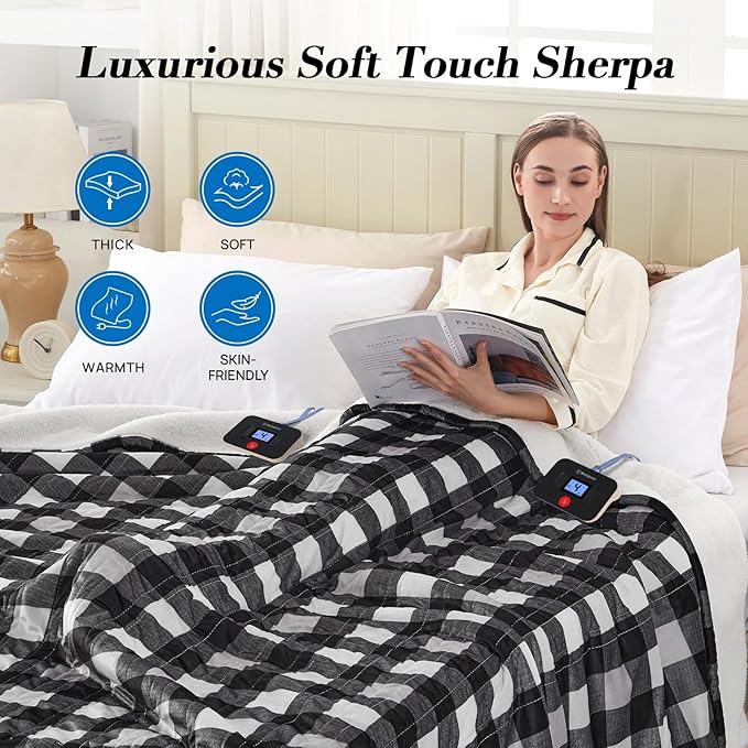 Westinghouse King Size Heated Blanket, Soft Flannel to Sherpa Electric Blanket with Dual Control 10 Heating Levels & 1 to 12 Hours Auto Off, Fast Heating, Machine Washable, 100 * 90 Inch, Black