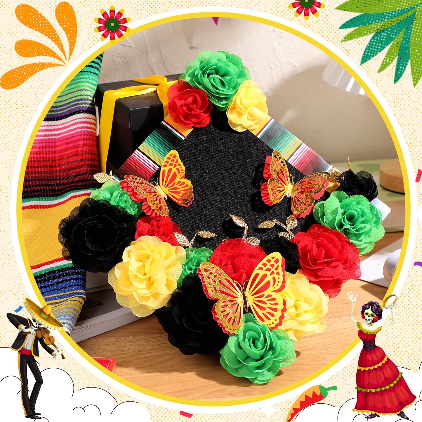Fullhawl 37 Pcs DIY Mexican Graduation Cap Decorations Accessory Kit Include Chiffon Flower Heads 3D Butterfly Mexican Striped Sticker Gold Leaves Graduation Cap Decoration DIY Decor(Black)
