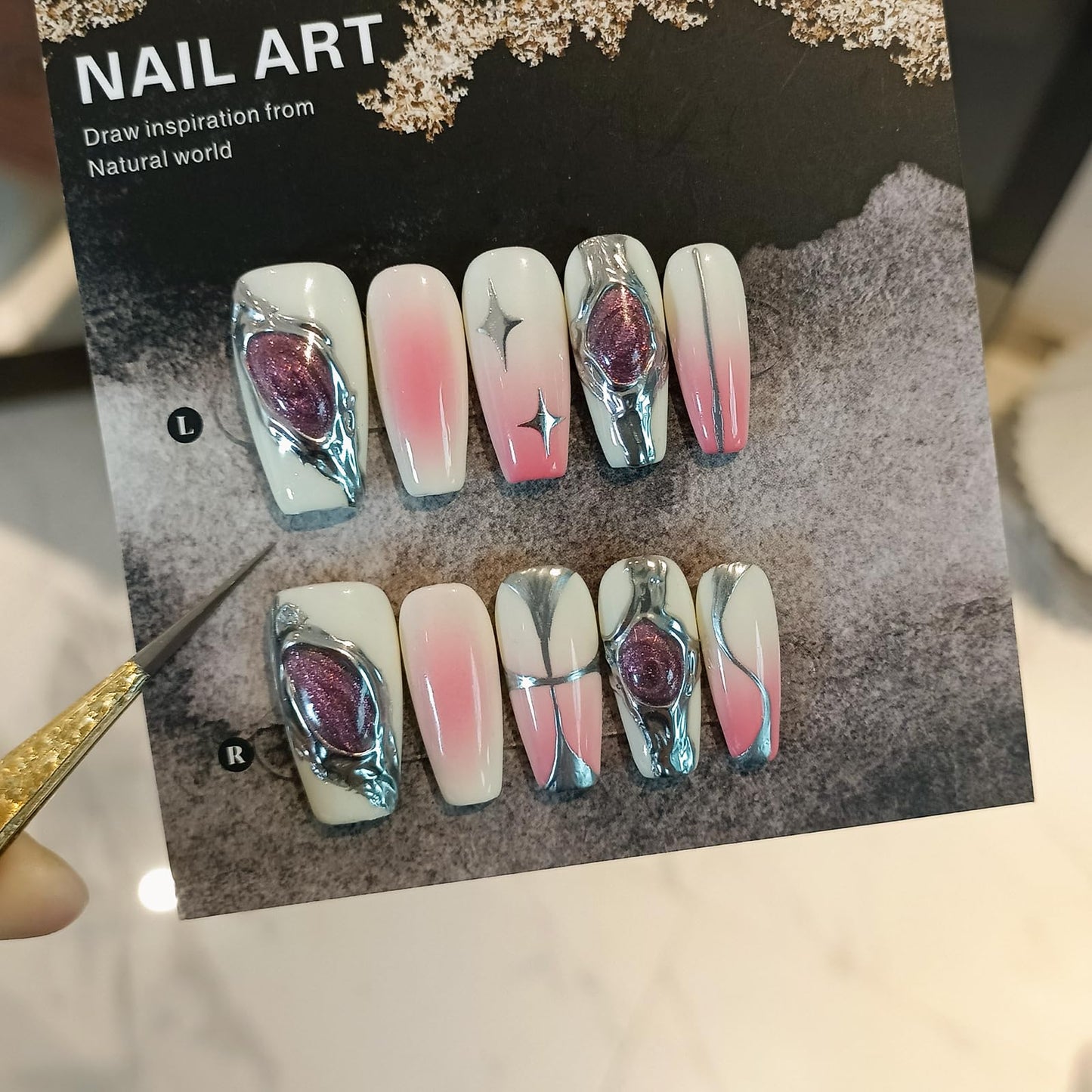 TENPAL 10pcs Coffin Press-On Nails Kit,Punk Metal Glam False Nails with Airbrush Blush Designs,Cat Eye Edgy Gradient Pink Nails with Rhinestones,Hip Hop Goth Chrome Fake Nails Set with Tools(M)