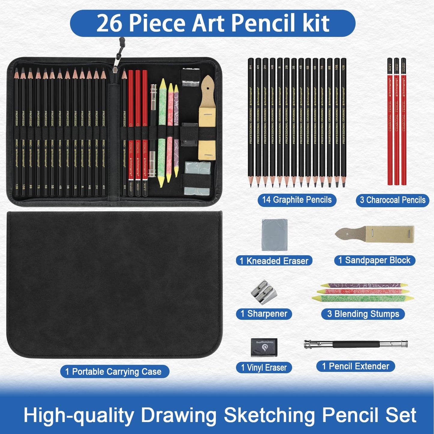Heshengping, Sketching and Drawing Pencils Set 26pcs, Art Supplies Drawing pencil Kit,Graphite Charcoal Professional Pencils Set, Adults Beginners Artist