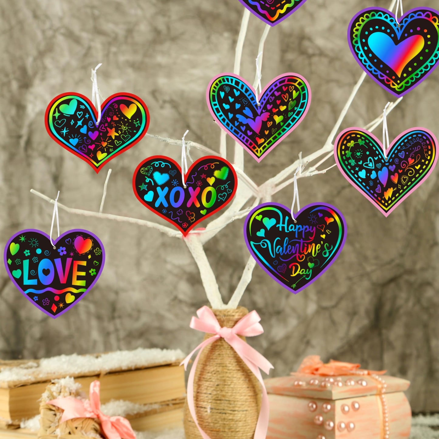 90shine 60 Sets Valentines Day Crafts for Kids Black Scratch Heart Magic Craft Art Kit Classroom Preschool Activities Party Favors