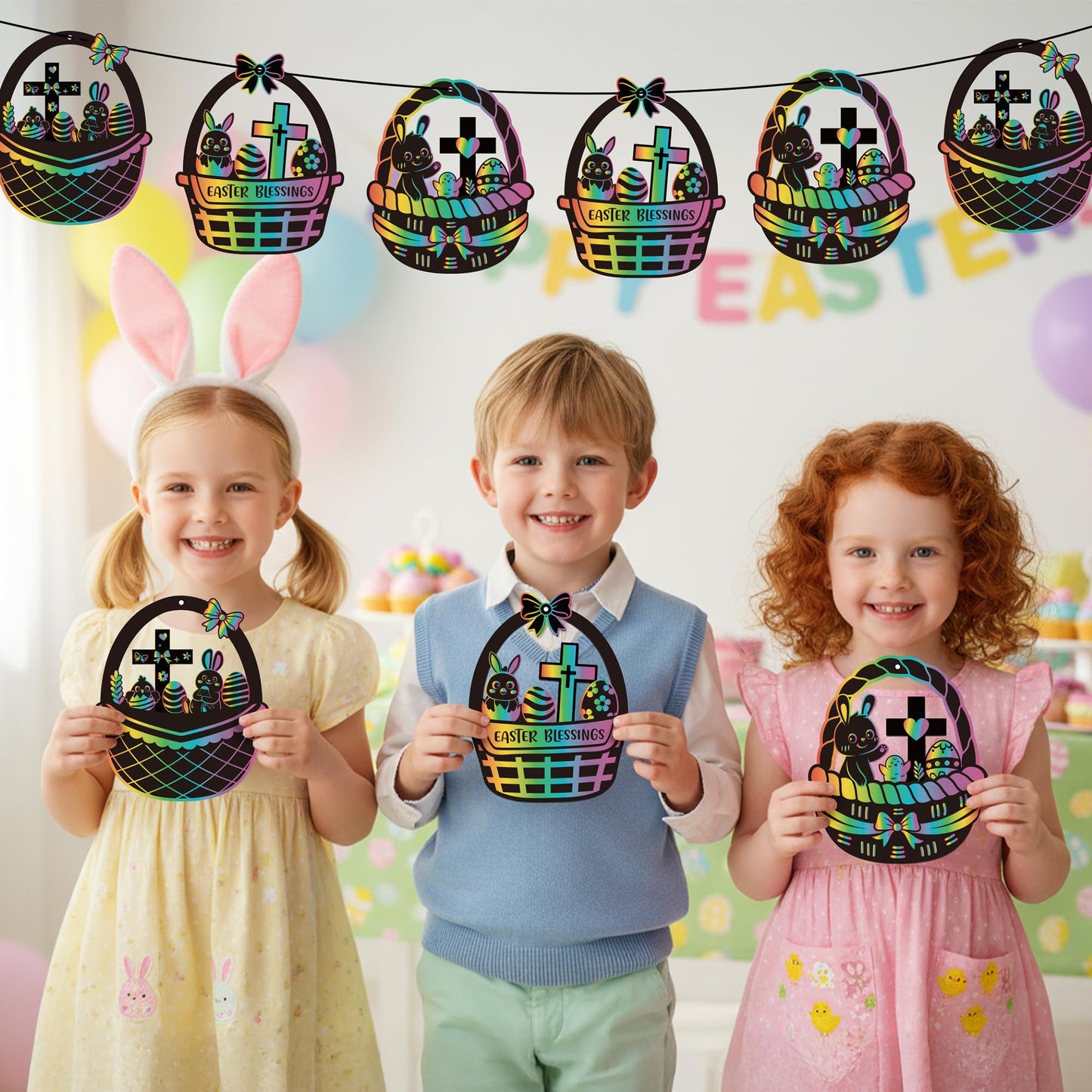 CY2SIDE 60PCS Religious Baskets with Egg Cross Scratch Card Gift Set DIY Christian Jesus is Risen Scratch Paper Craft for Kid Sunday School Activity Easter Bunny Magic Art Rainbow Color Paper Ornament