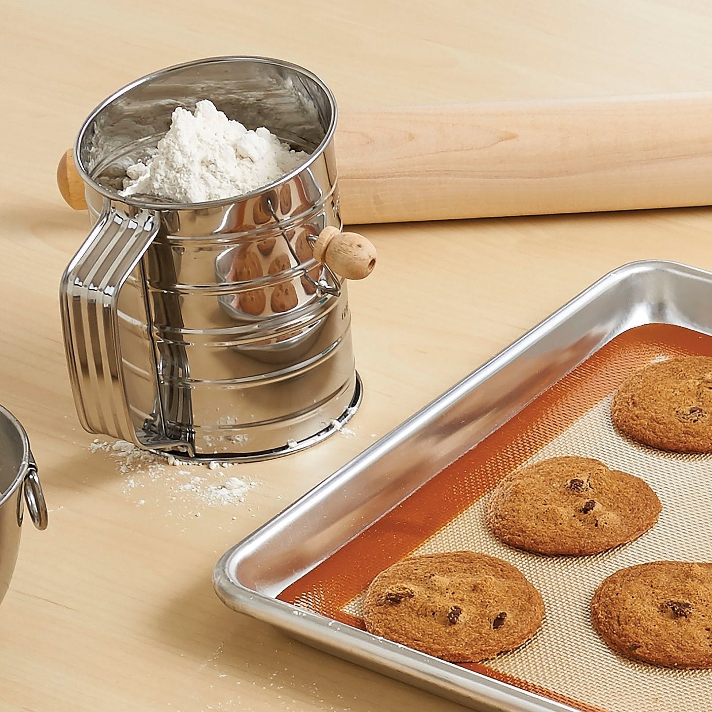 Mrs. Anderson's Baking Hand Crank Flour Sifter, Stainless Steel, 1-Cup Capacity, For Breaking Up Clumps And Aerating Flour And Powdered Sugar