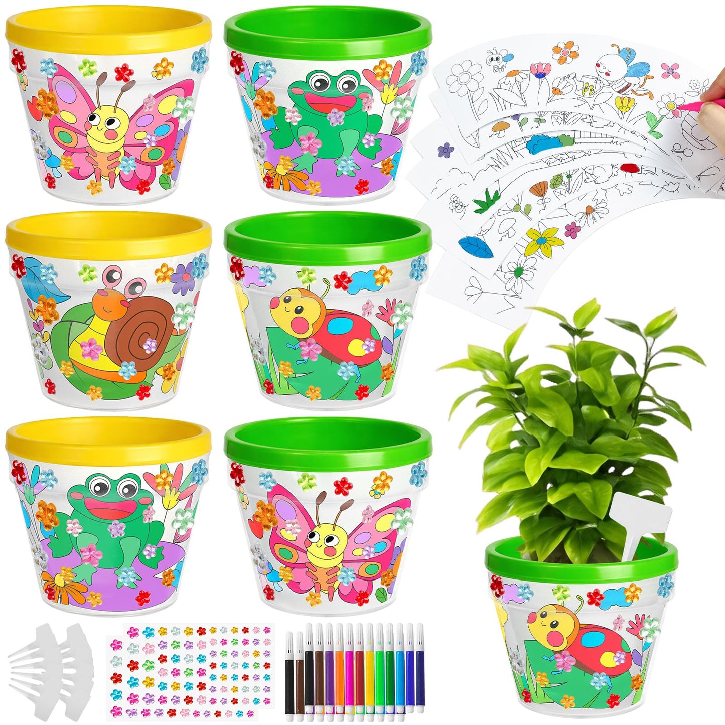 Cinrobiye 12 Set Garden Pot Craft Kit, DIY Paintable Flower Pots Bulk Small Planter Kit with Stickers Plant Labels for Spring Gardening Activities Party Craft Supplies