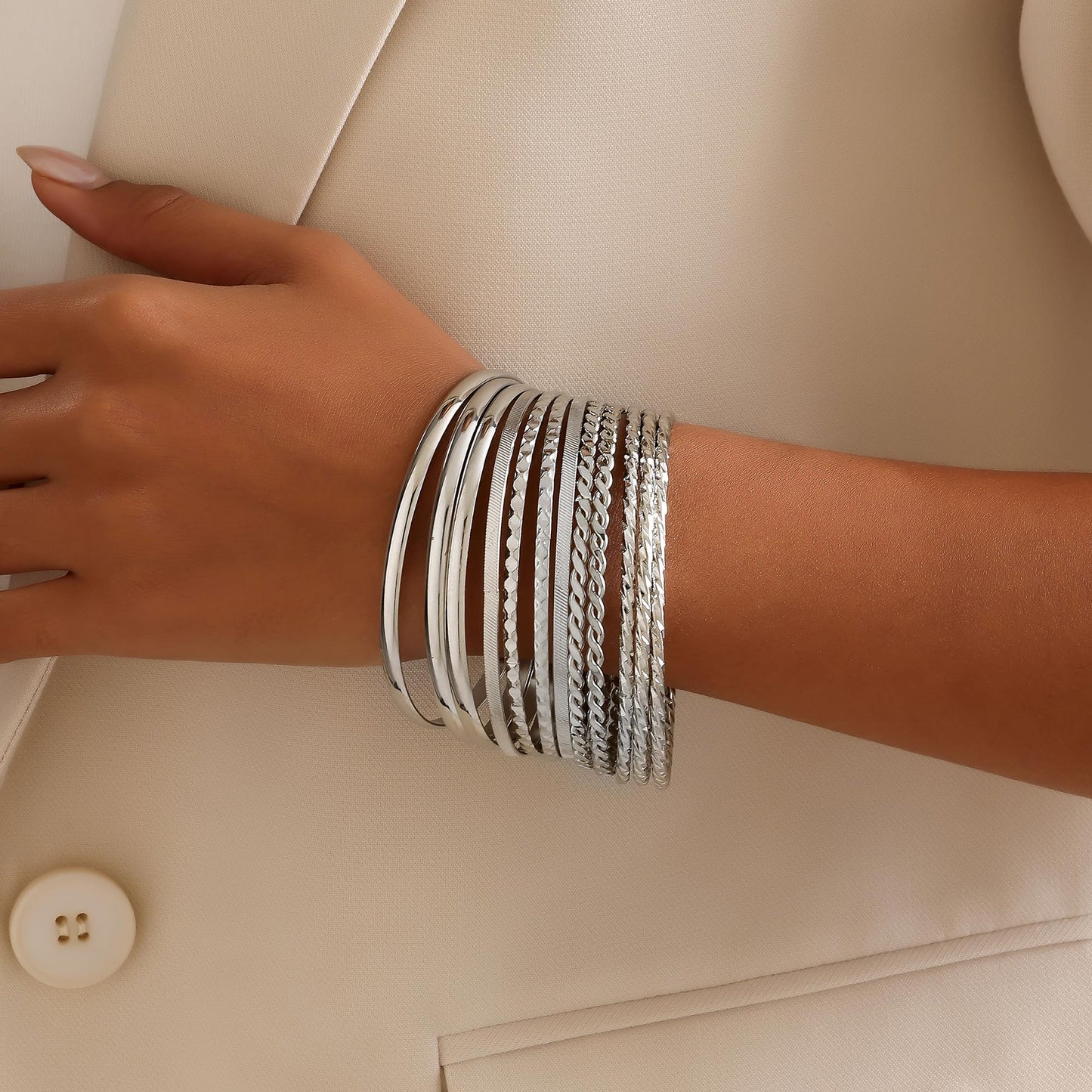 AYWFCBF Silver Bangles for Women, 12 Pcs Boho Stackable Bracelets Multi Layer Textured Chunky Bracelets Jewelry Set for Women