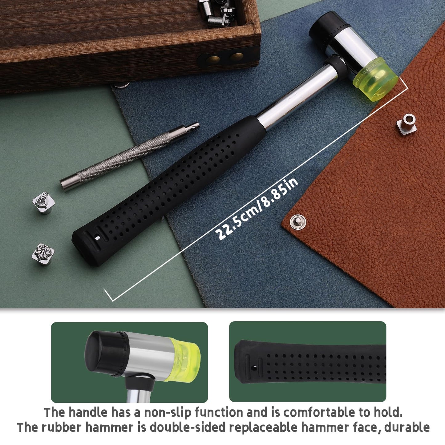 Leather Craft Stamping Tools, Leather Stamping Kit with 12 Tangcao Patterns Stamp and Punch Tools and 25mm Hammer and 3 thimbles for Craft Stamps