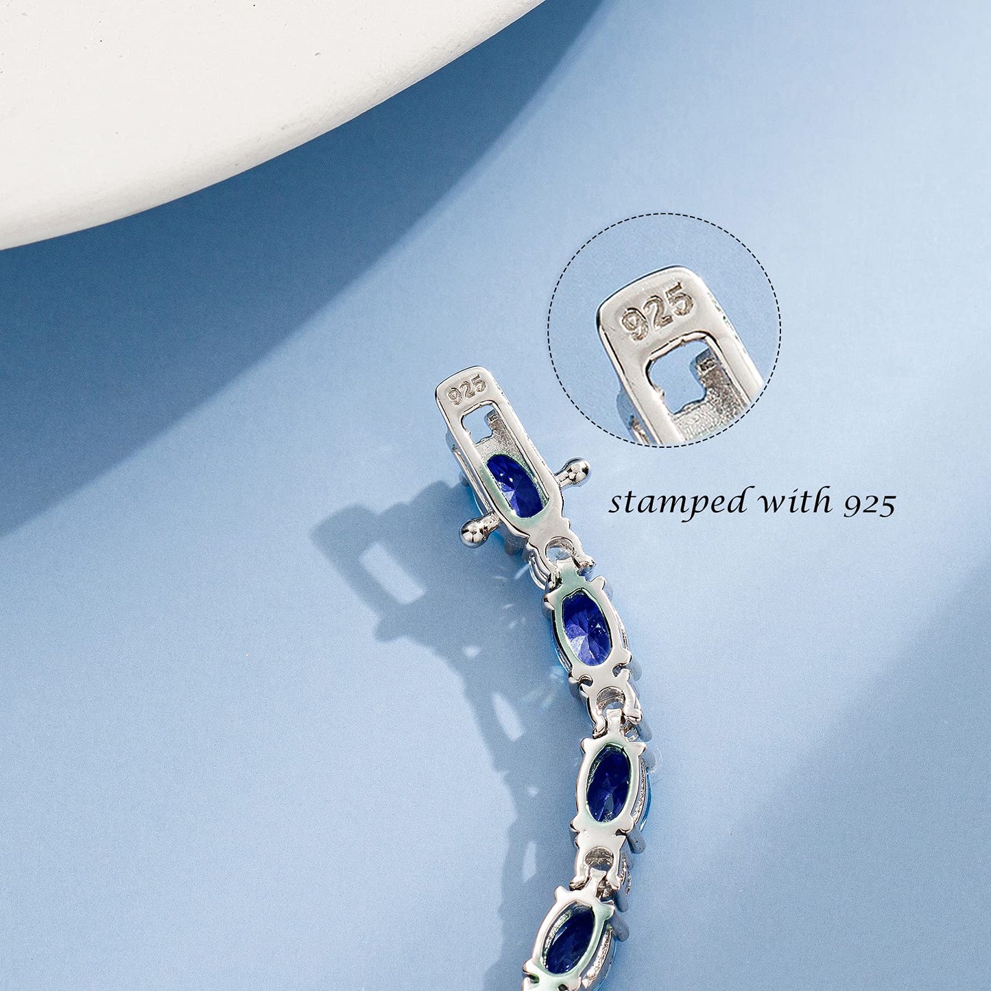 FANCIME Sterling Silver Created Sapphire Tennis Bracelet September Birthstone Oval Gemstone Dainty Fine Jewelry for Women 7"