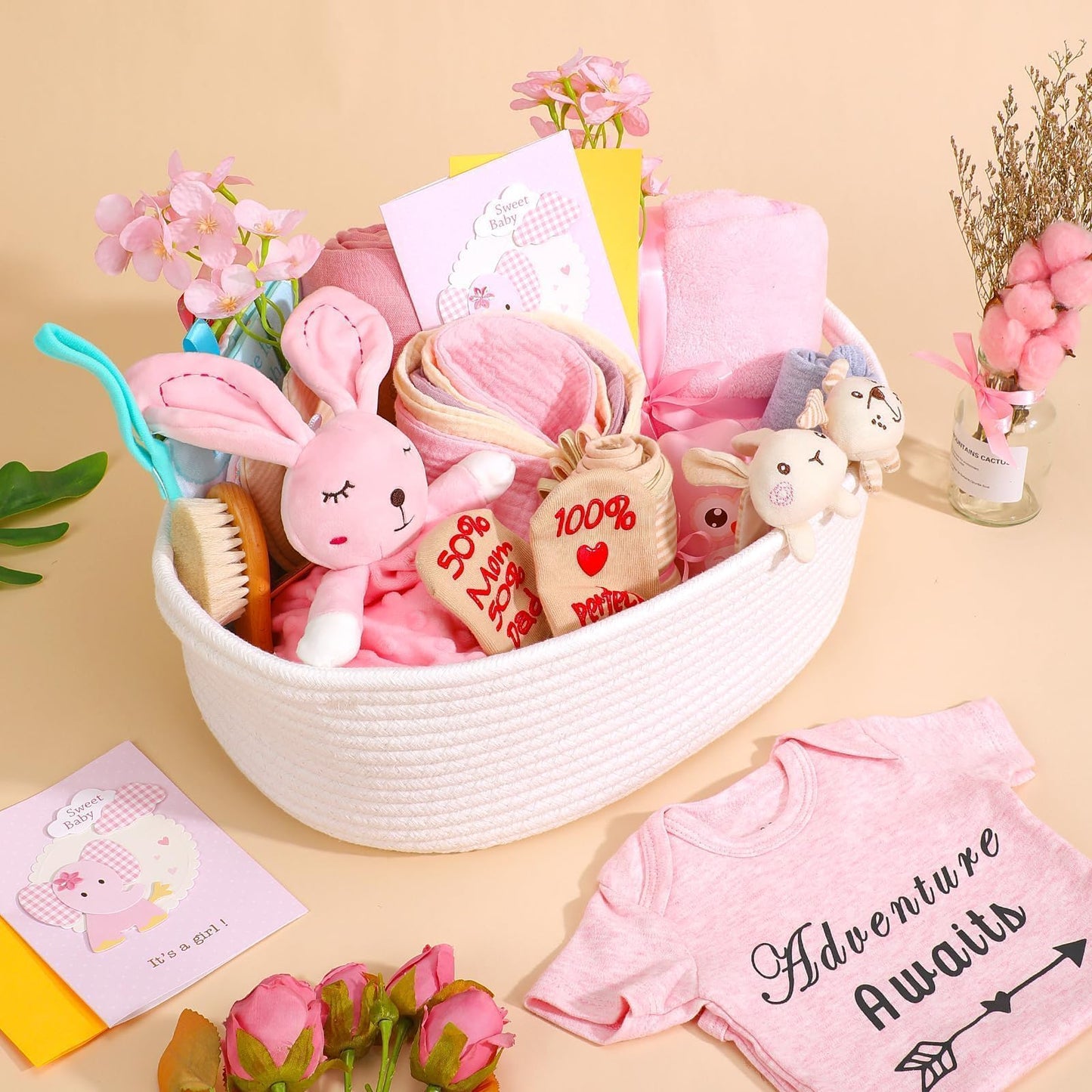 27-Piece Baby Girl Shower Gift Basket Set - Newborn Essentials, Large Pink Gift Basket With Rattle, Swaddle, Diaper Caddy Organizer